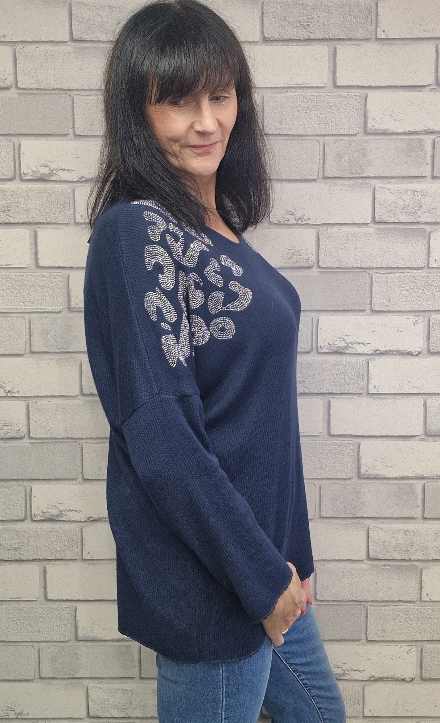 Long Sleeve Fine Knit Jumper With Crystal Detail