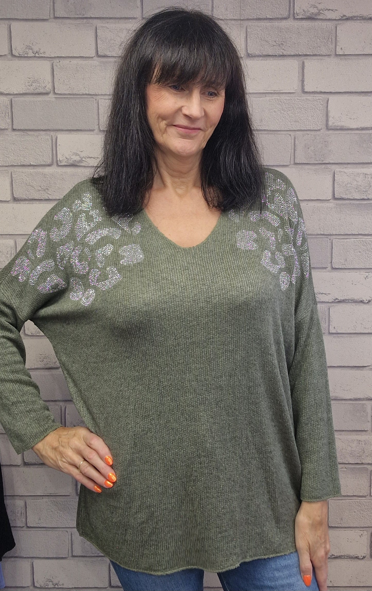 Long Sleeve Fine Knit Jumper With Crystal Detail - Couture Boutique