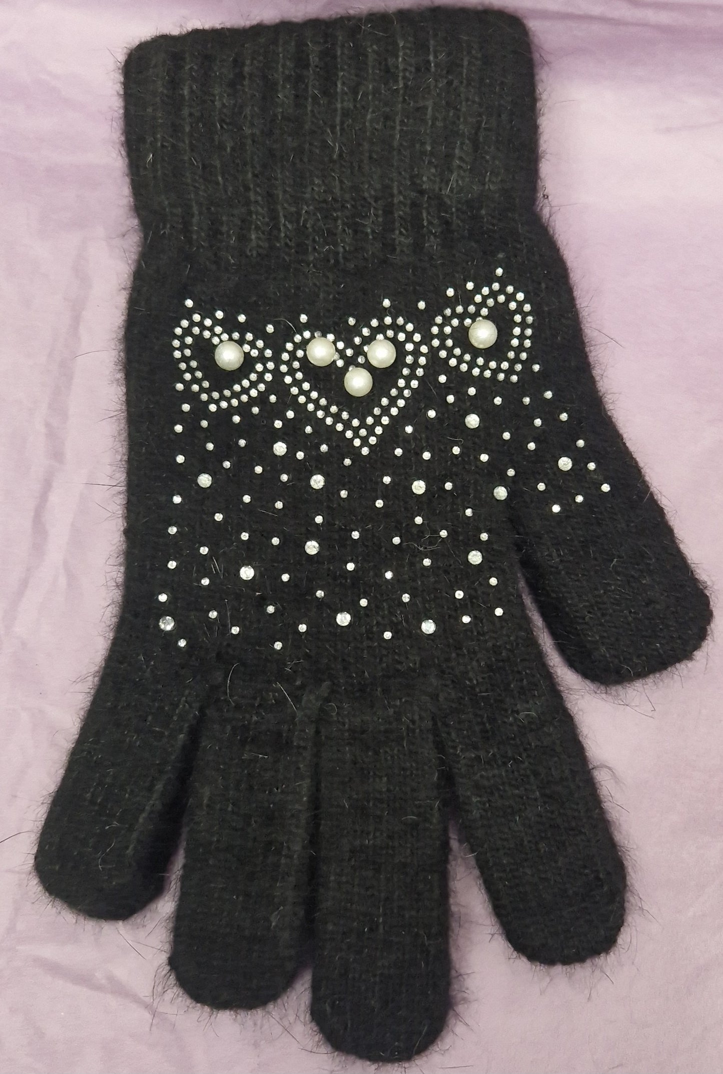 Ladies Wooly Gloves With Pearl Detail