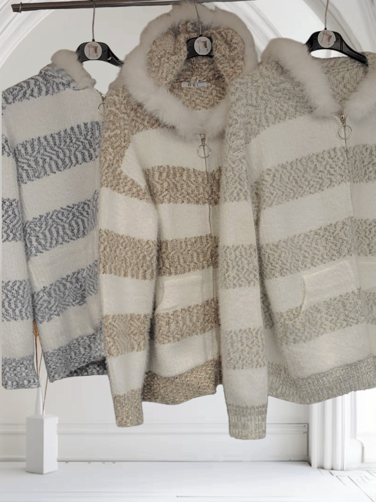 Ladies Striped Knitted Cardigan with Faux Fur Hood