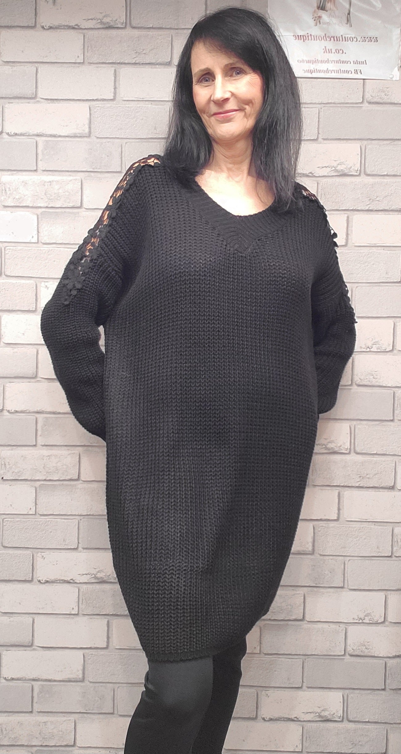 Olivia Knitted Jumper Dress With Lace Detail On Shoulder - Couture Boutique