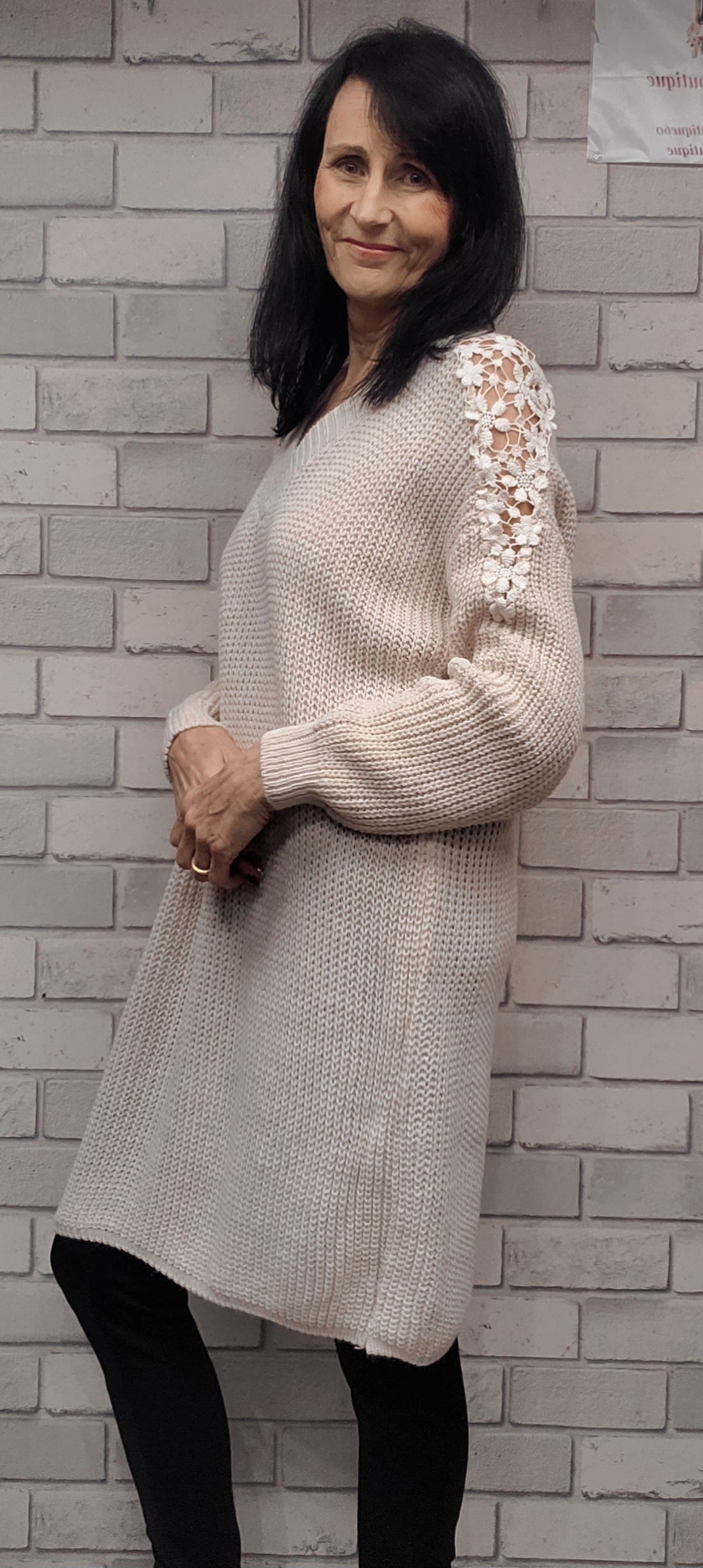 Olivia Knitted Jumper Dress With Lace Detail On Shoulder - Couture Boutique