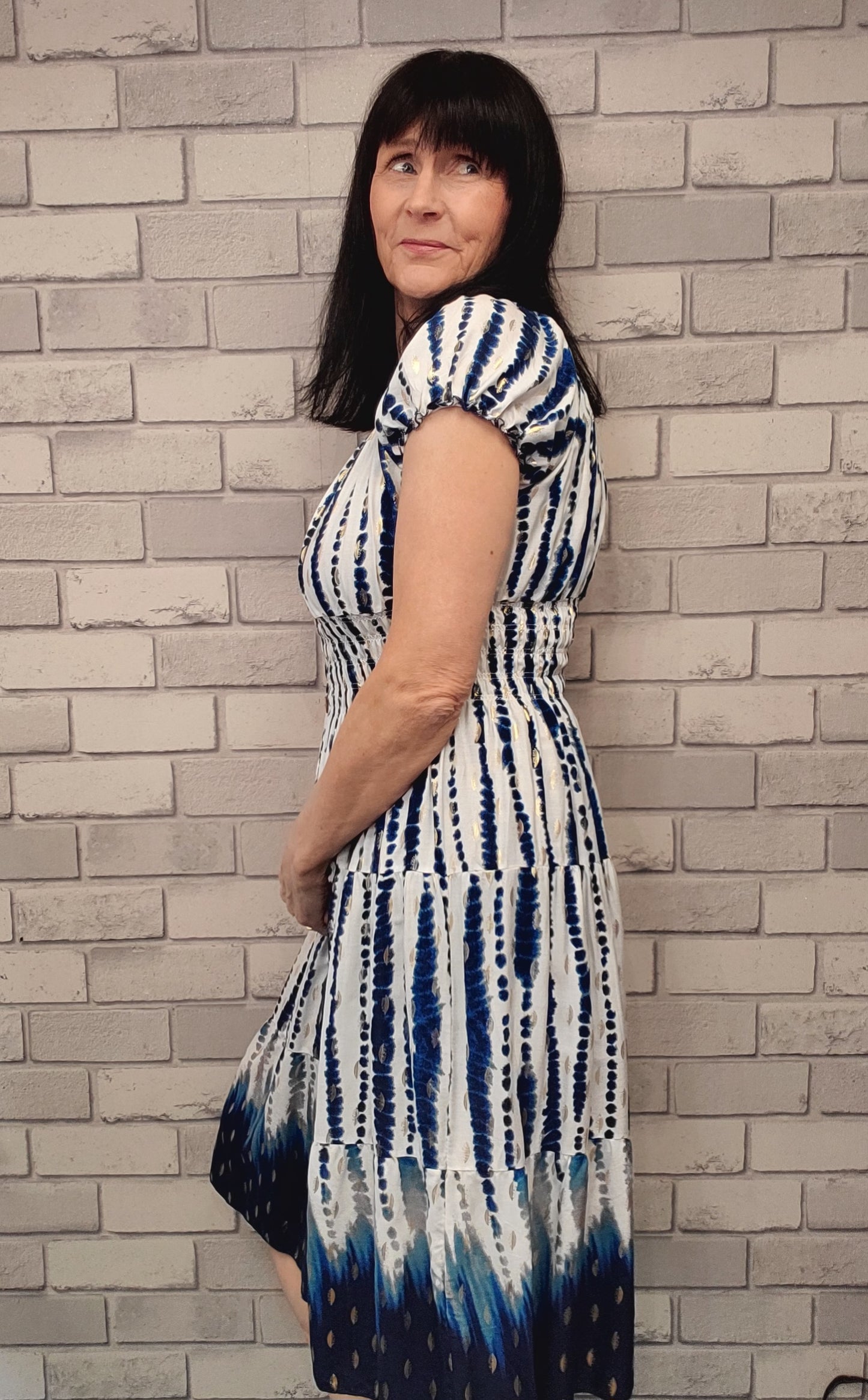 Jackie Midi Dress with Gold Colour Foil Print