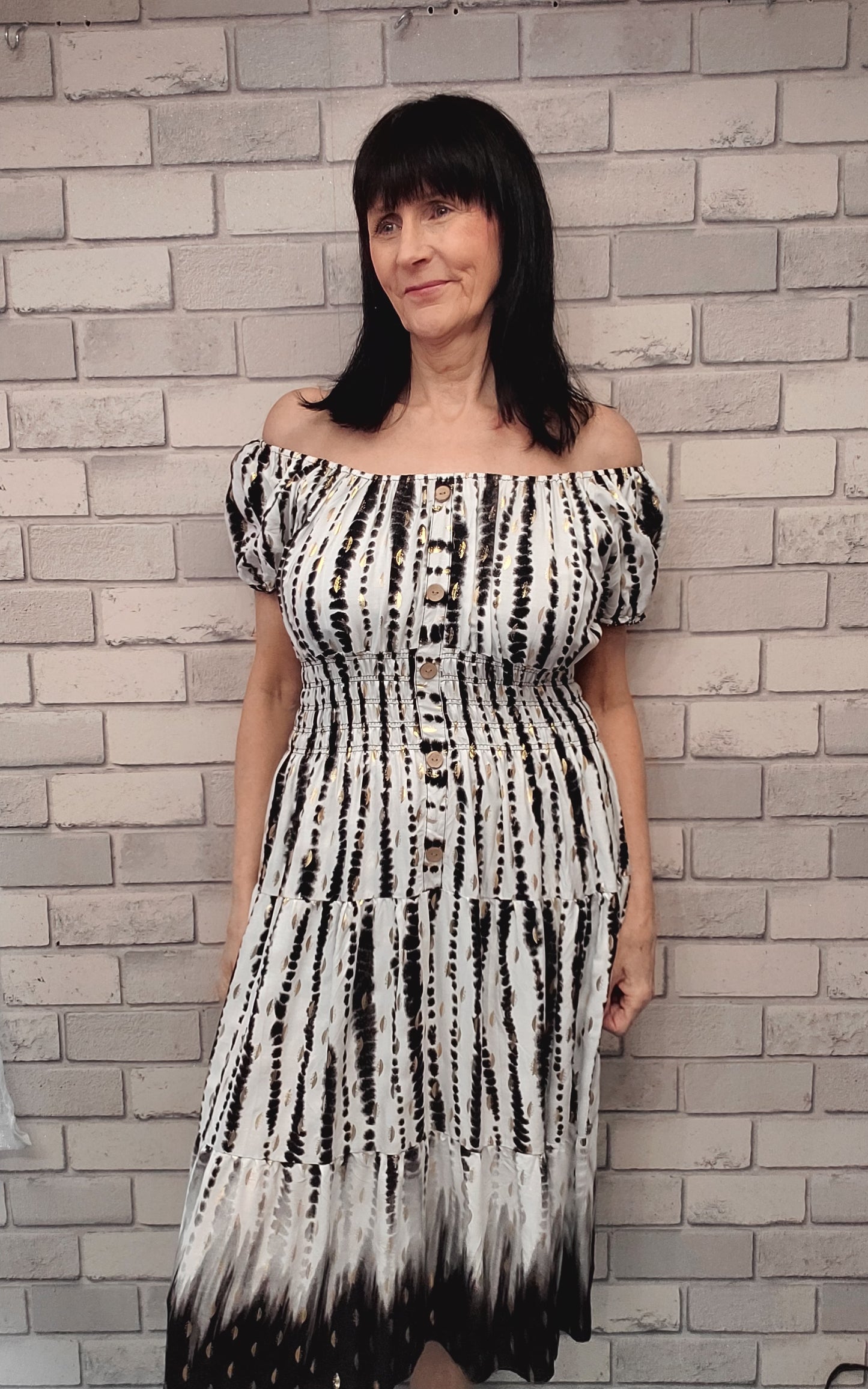 Jackie Midi Dress with Gold Colour Foil Print