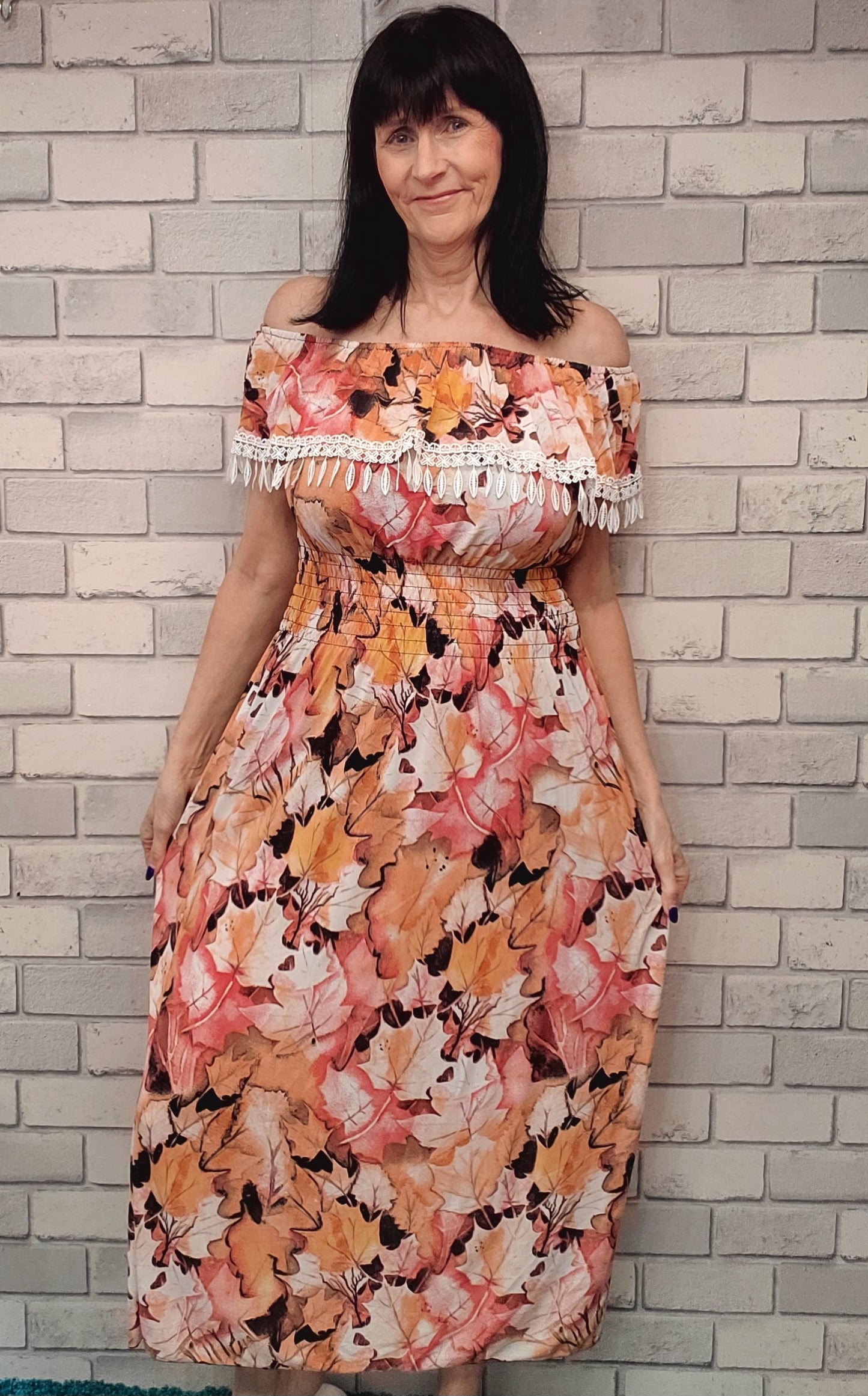 Helen Bardot Leaf Print Dress