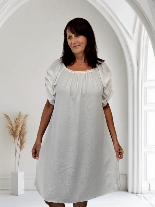 Opal white Bardot  Dress  With Ruffle  Sleeve