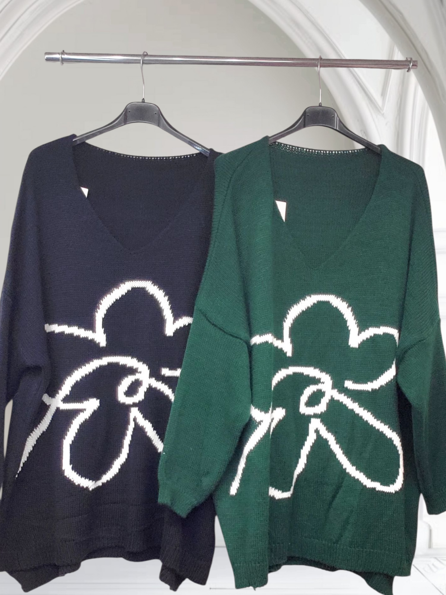 Cassidy Oversized V-Neck Knitted Jumper with Flower Knit