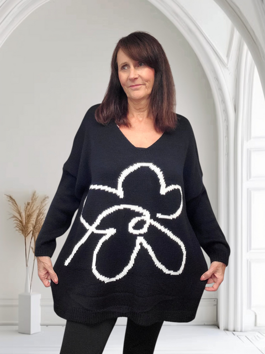 Cassidy Oversized V-Neck Knitted Jumper with Flower Knit