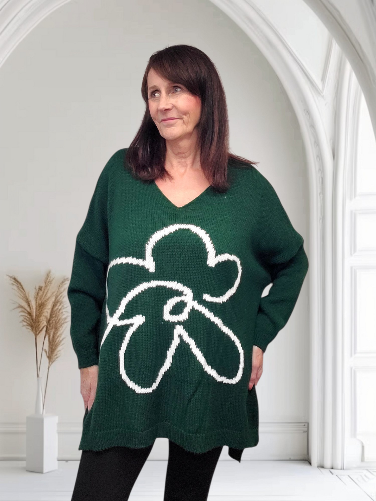 Cassidy Oversized V-Neck Knitted Jumper with Flower Knit