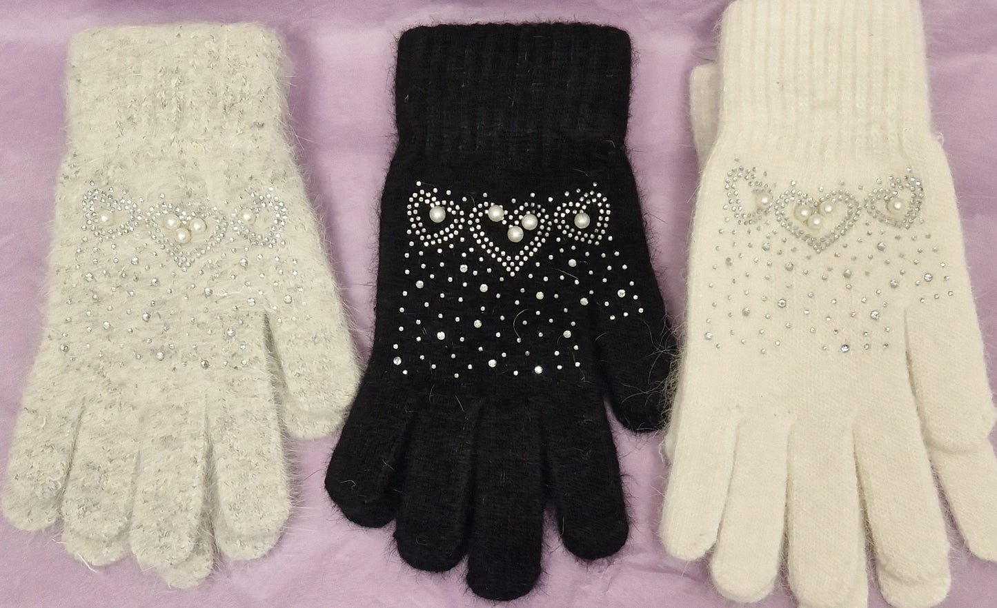 Ladies Wooly Gloves With Pearl Detail