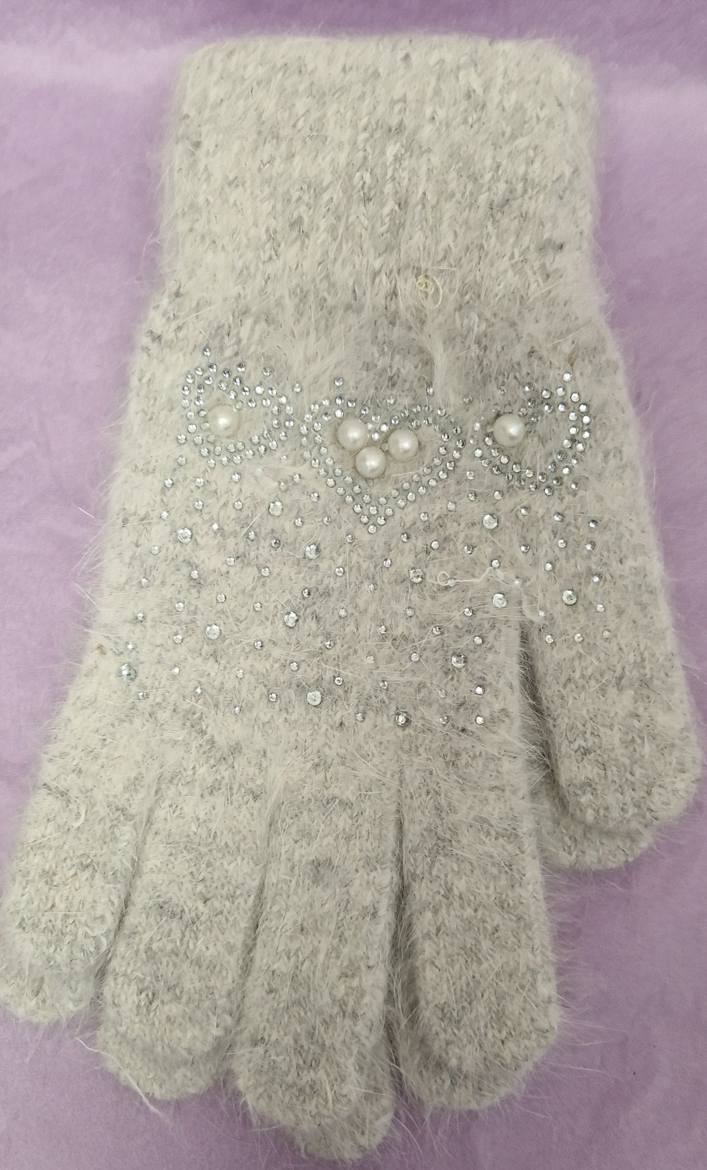 Ladies Wooly Gloves With Pearl Detail