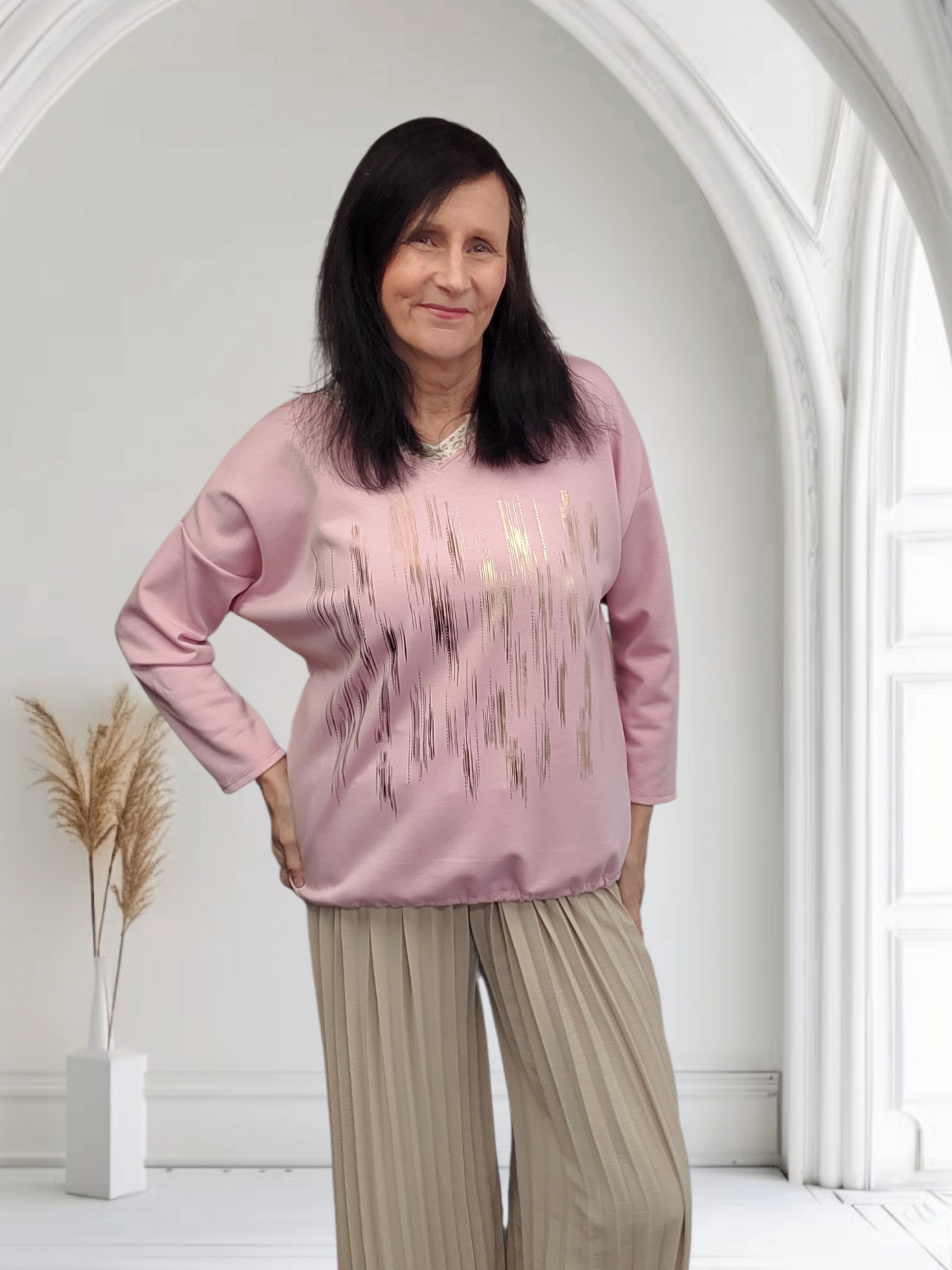 Belle Ladies Foil Print Top – Shiny Metallic Design Summer Top