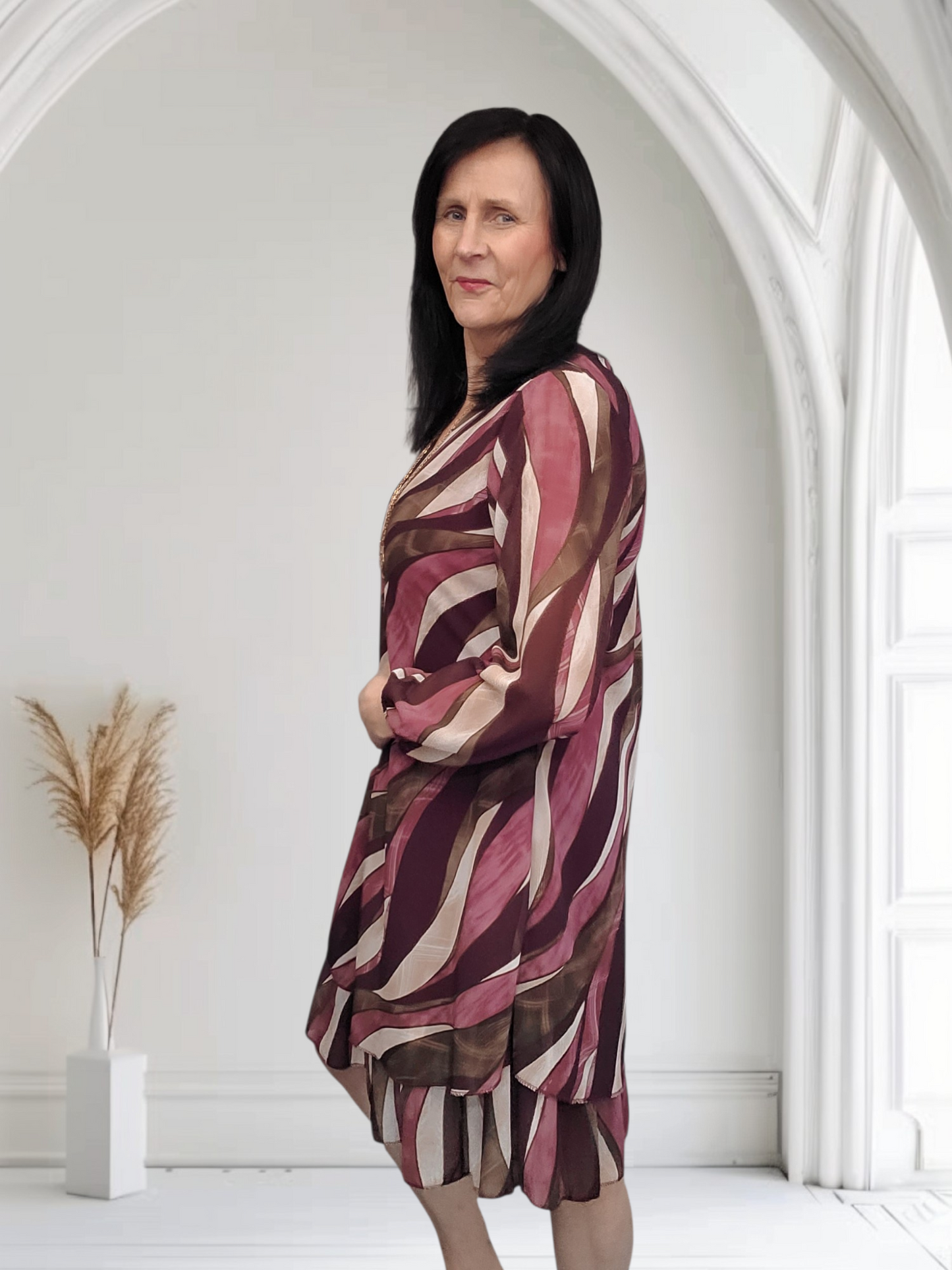 Fawn Lightweight Layered Chiffon Dress with Abstract Print