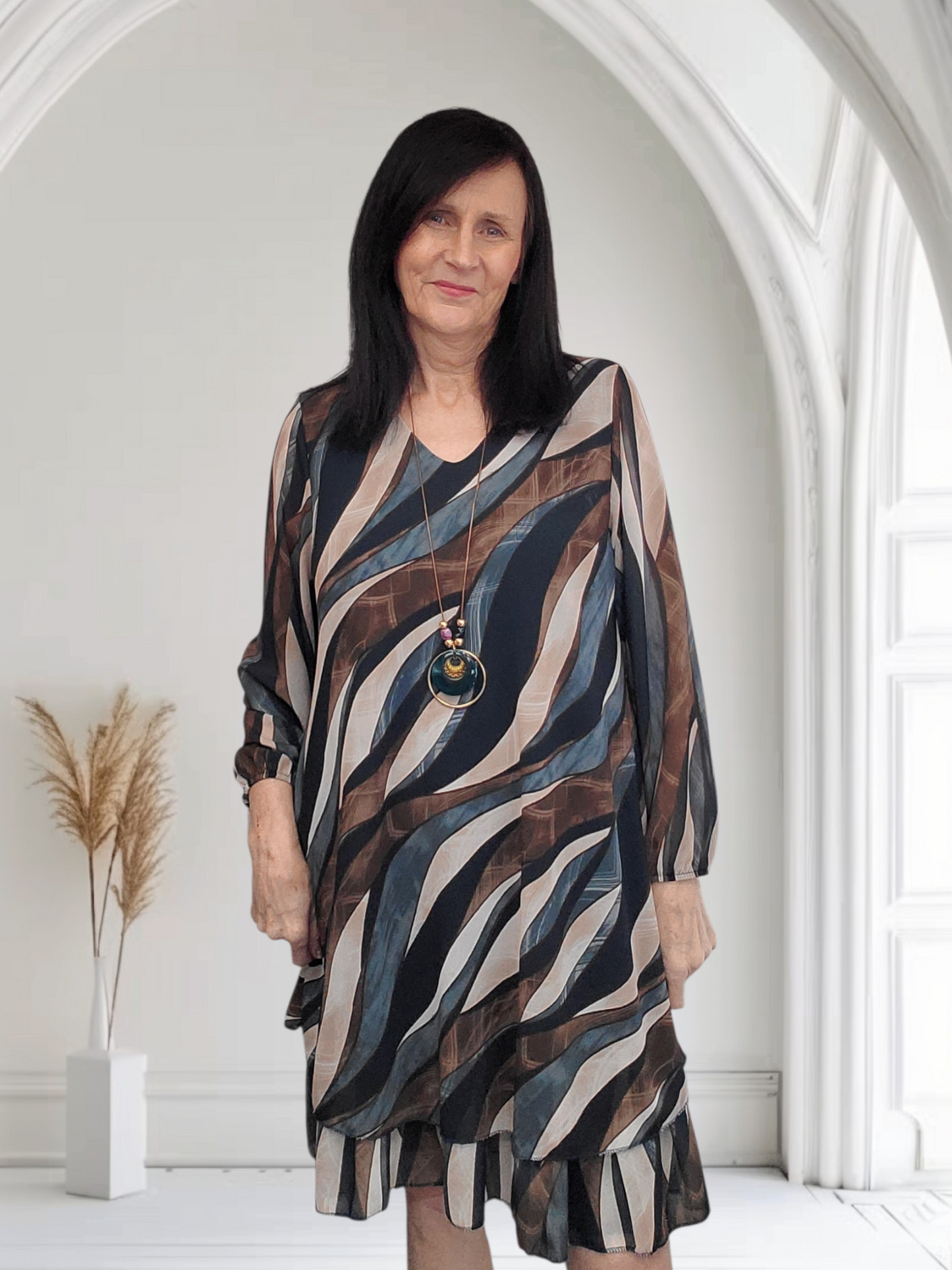 Fawn Lightweight Layered Chiffon Dress with Abstract Print