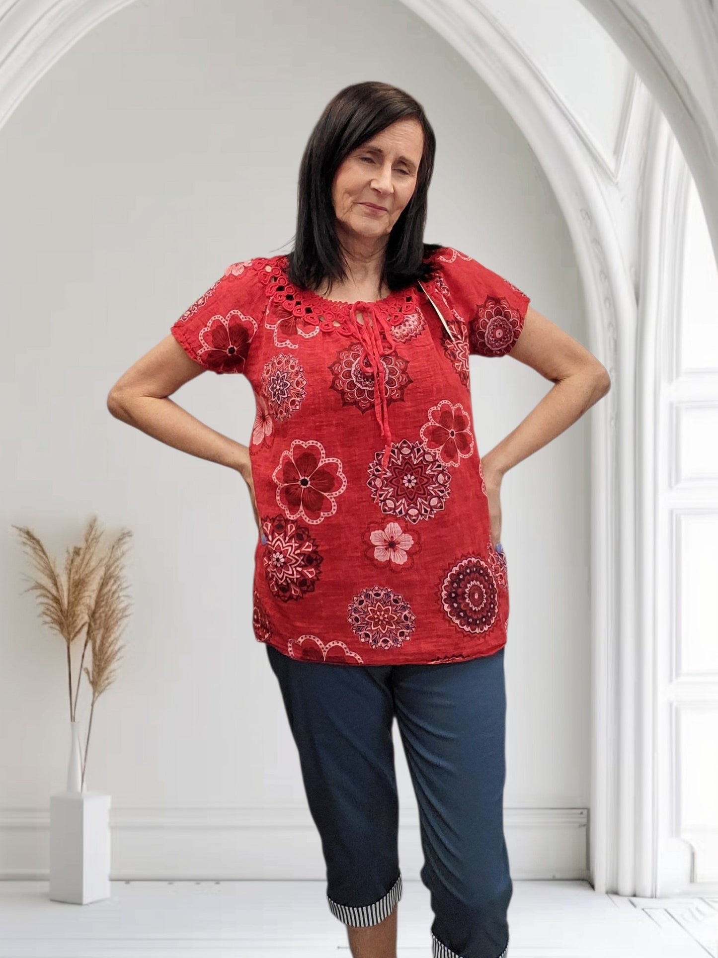 Haya Women's Floral Cotton Top with Crochet Neckline