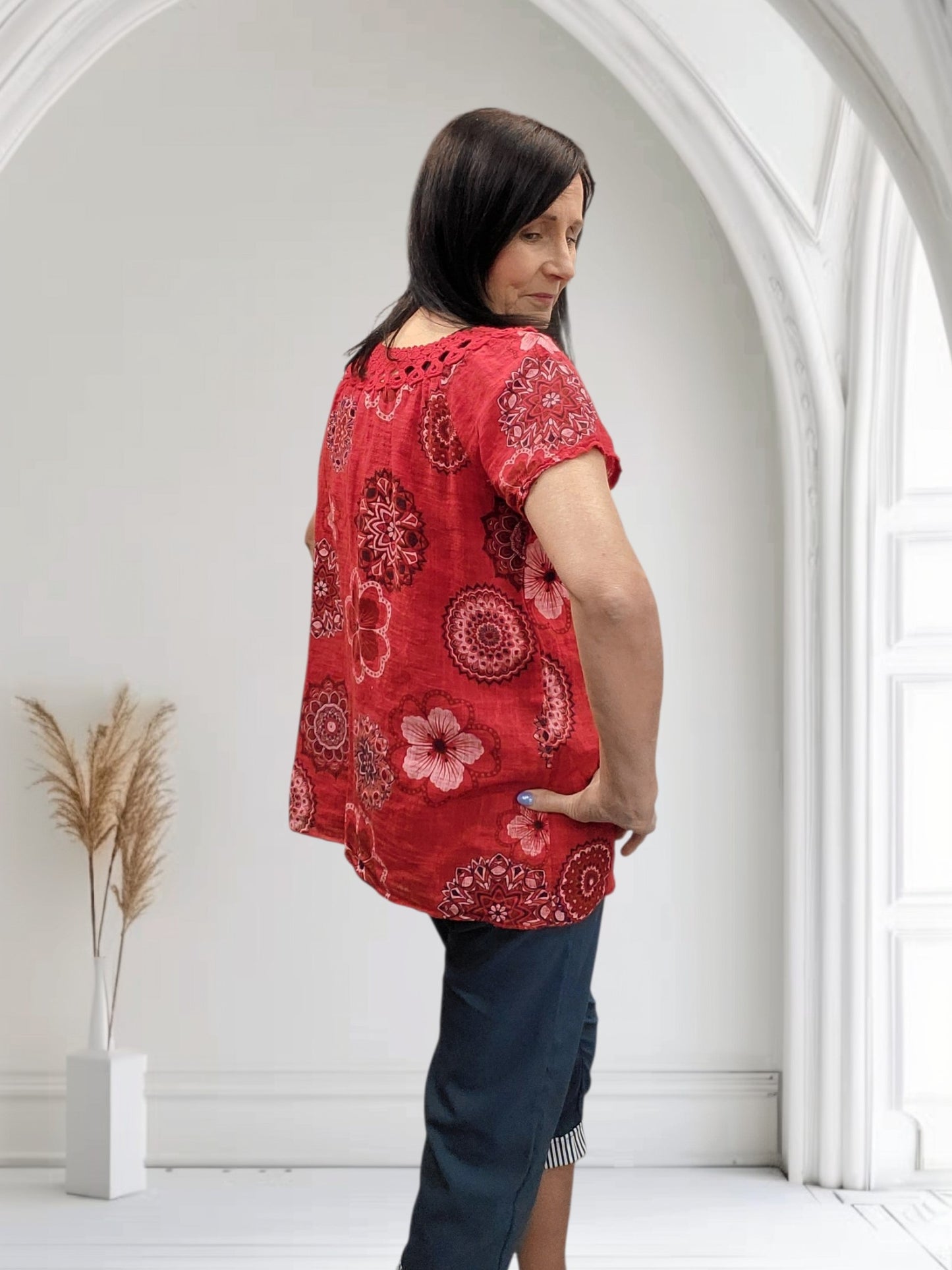 Haya Women's Floral Cotton Top with Crochet Neckline