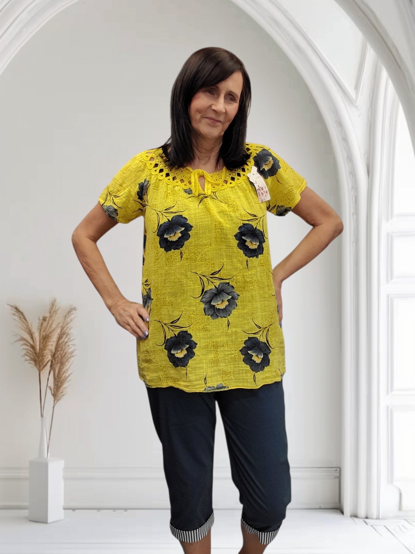 Haya Women's Floral Cotton Top with Crochet Neckline