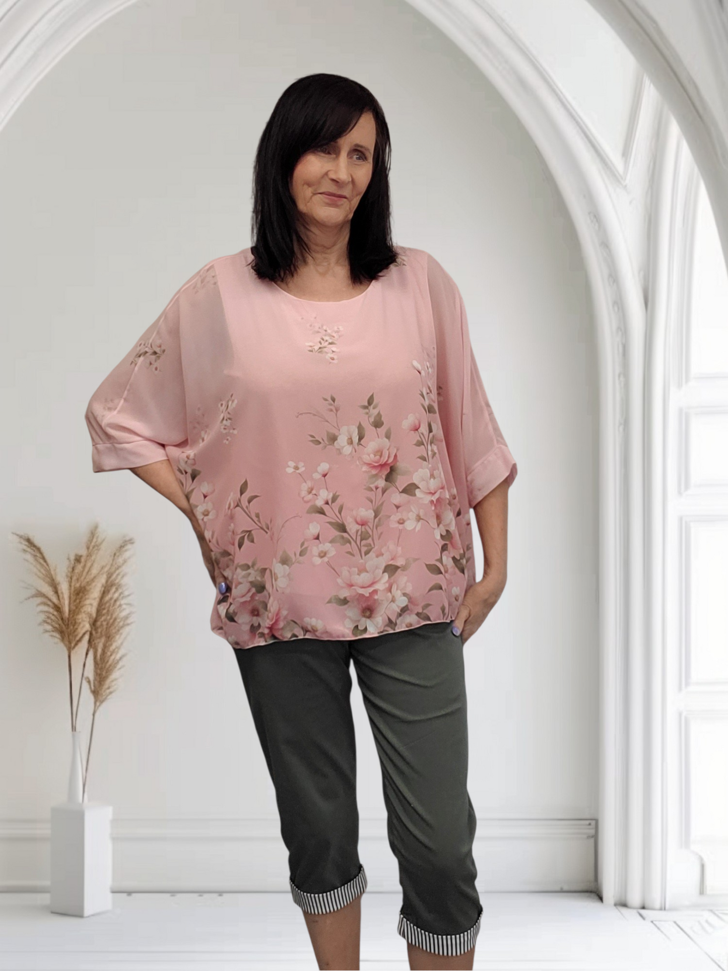 Rosey Blush Pink Floral Chiffon Overlay Top – One Size Fits Up to UK 20