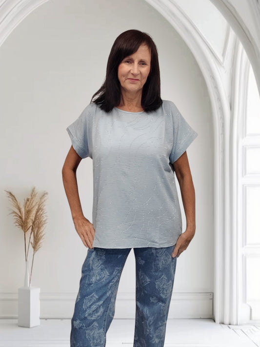Vicky Diamante Summer Top – Light Blue Sparkle Oversized Top