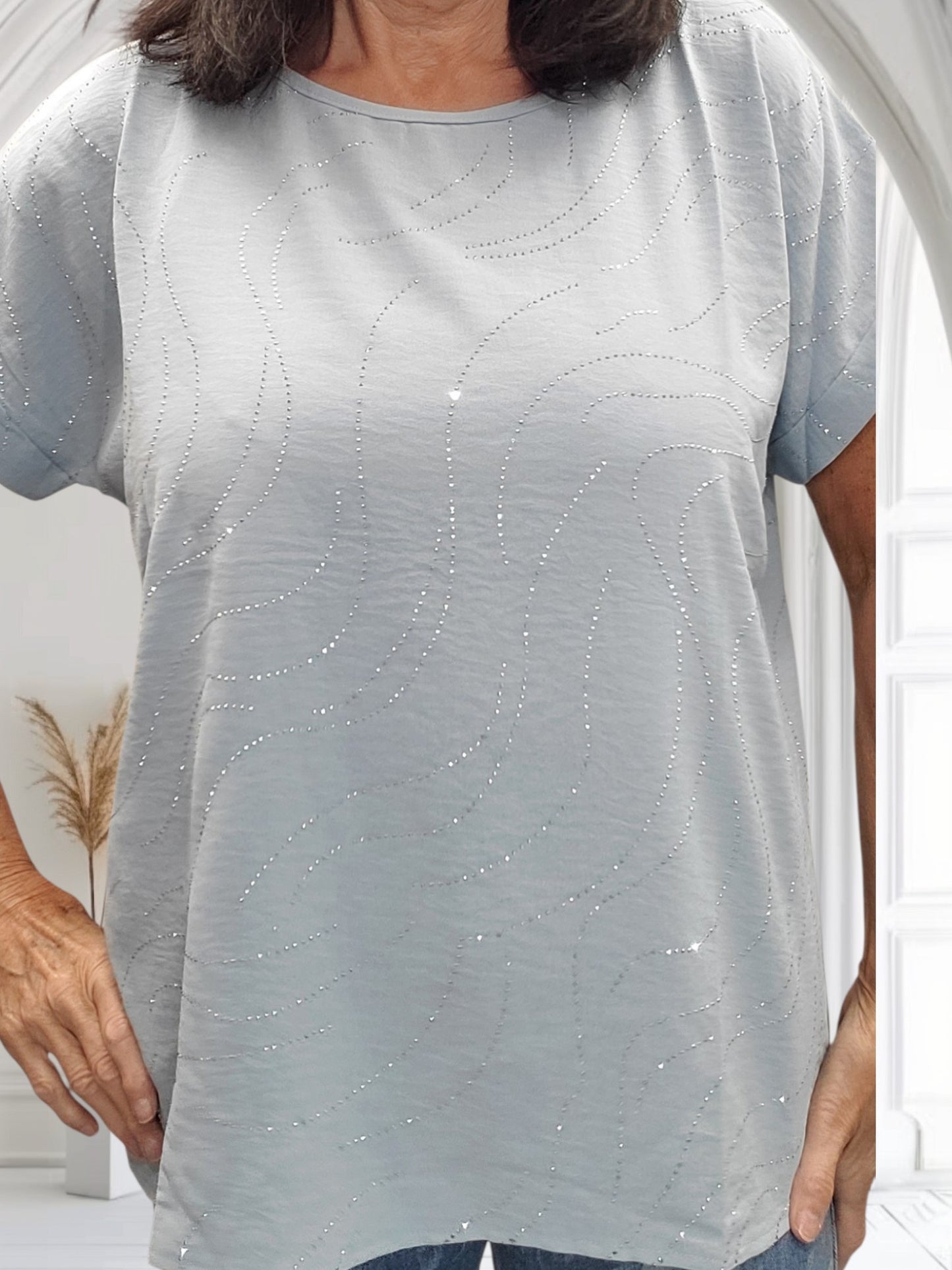 Vicky Diamante Summer Top – Light Blue Sparkle Oversized Top - Couture Boutique