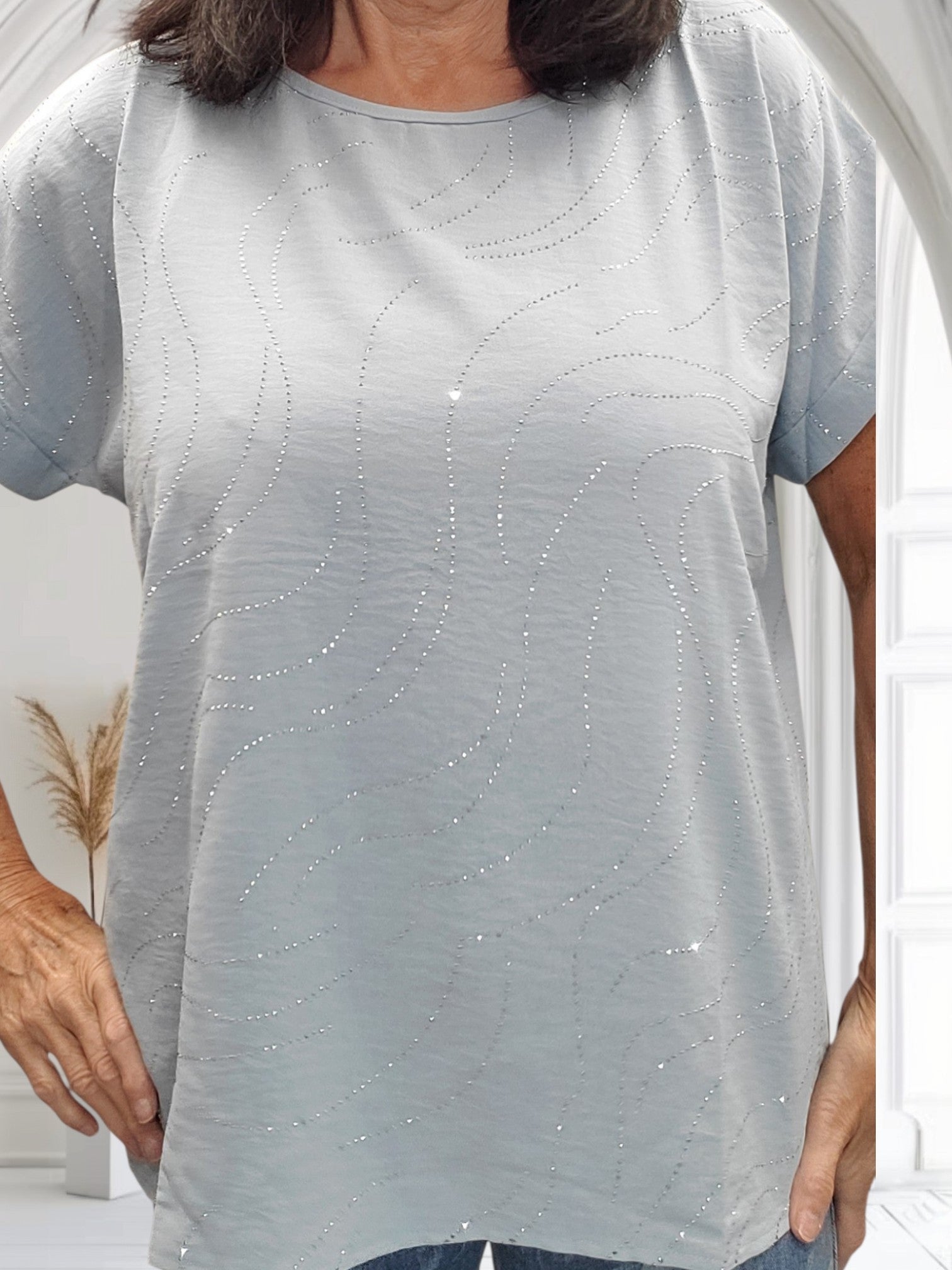 Vicky Diamante Summer Top – Light Blue Sparkle Oversized Top - Couture Boutique