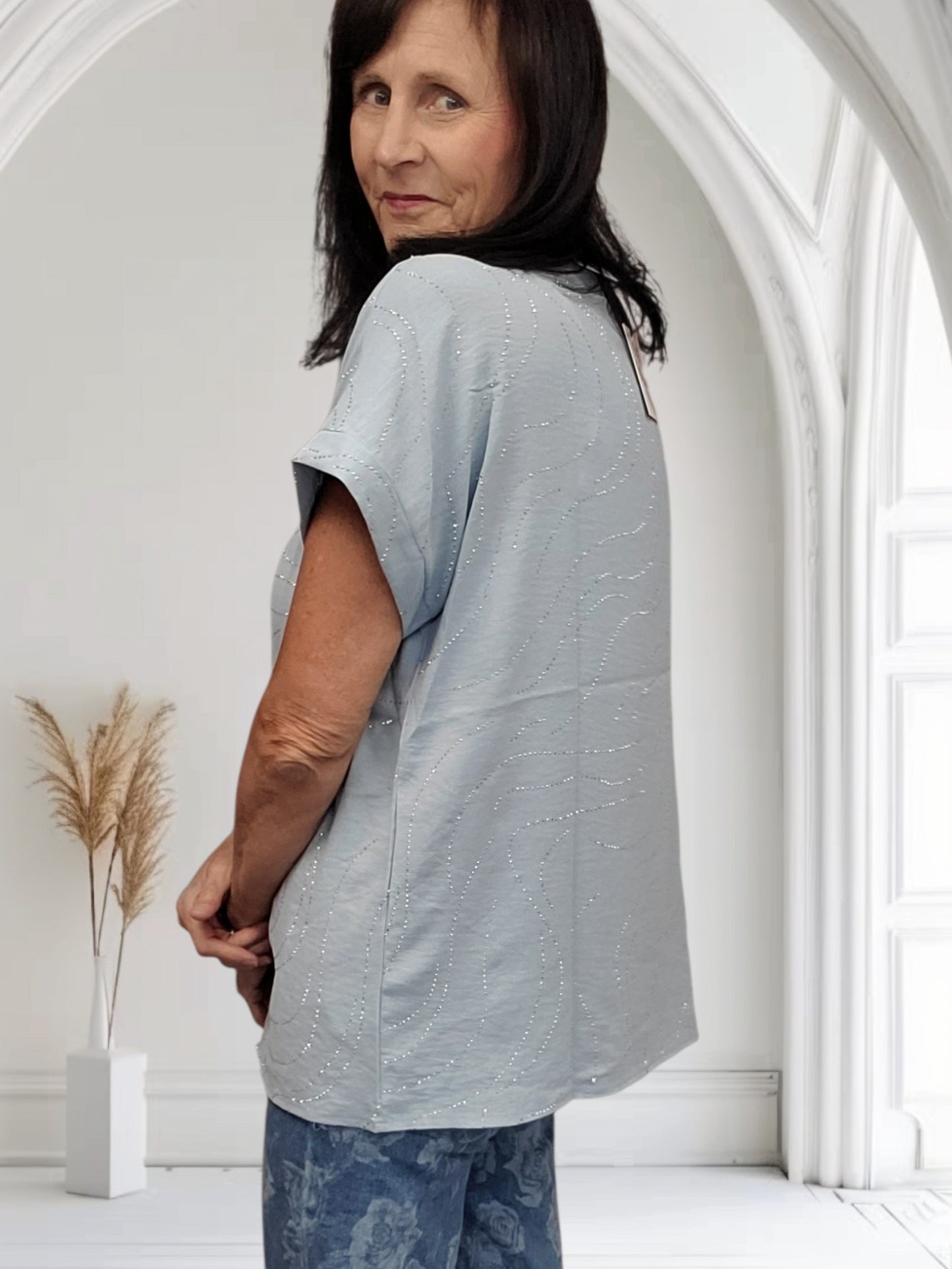 Vicky Diamante Summer Top – Light Blue Sparkle Oversized Top - Couture Boutique