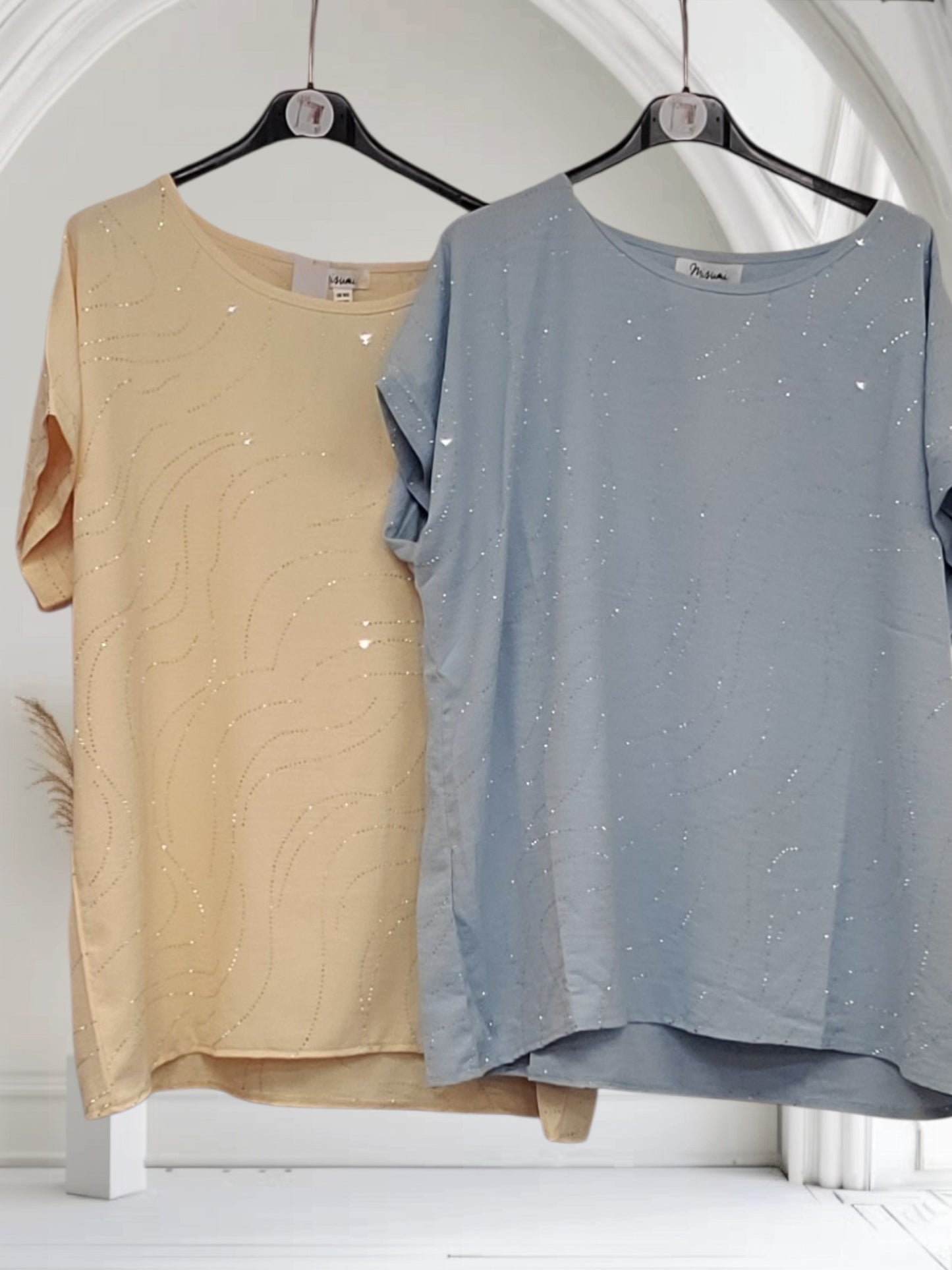 Vicky Diamante Summer Top – Light Blue Sparkle Oversized Top - Couture Boutique