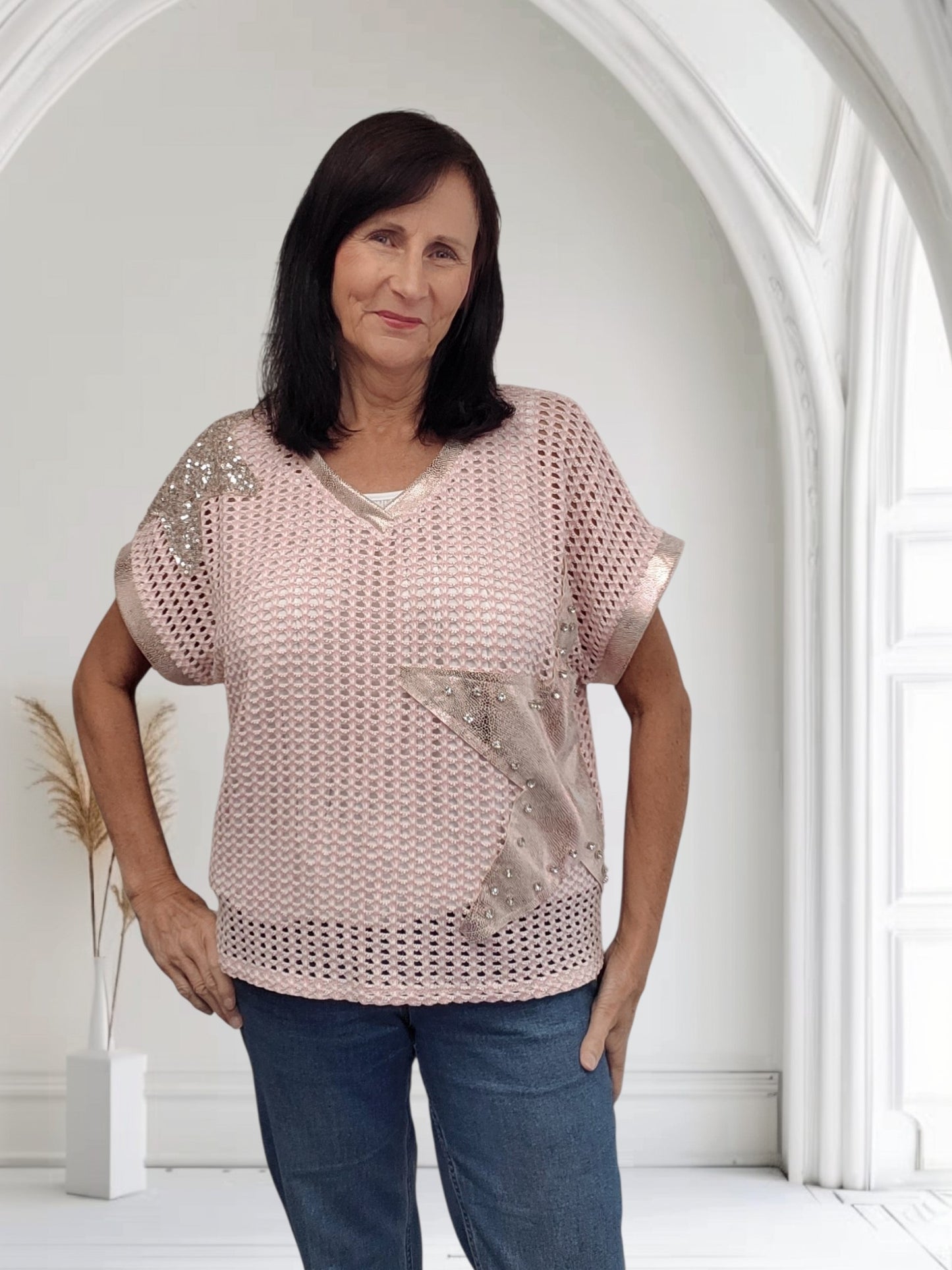 Gayle Blush Pink Crochet Knit Top with Sequin Star Detail – One Size