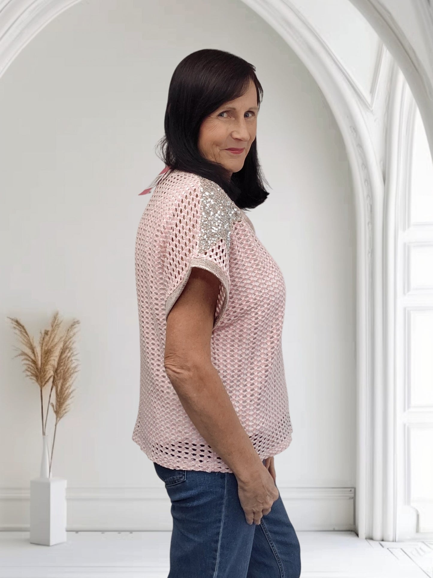 Gayle Blush Pink Crochet Knit Top with Sequin Star Detail – One Size