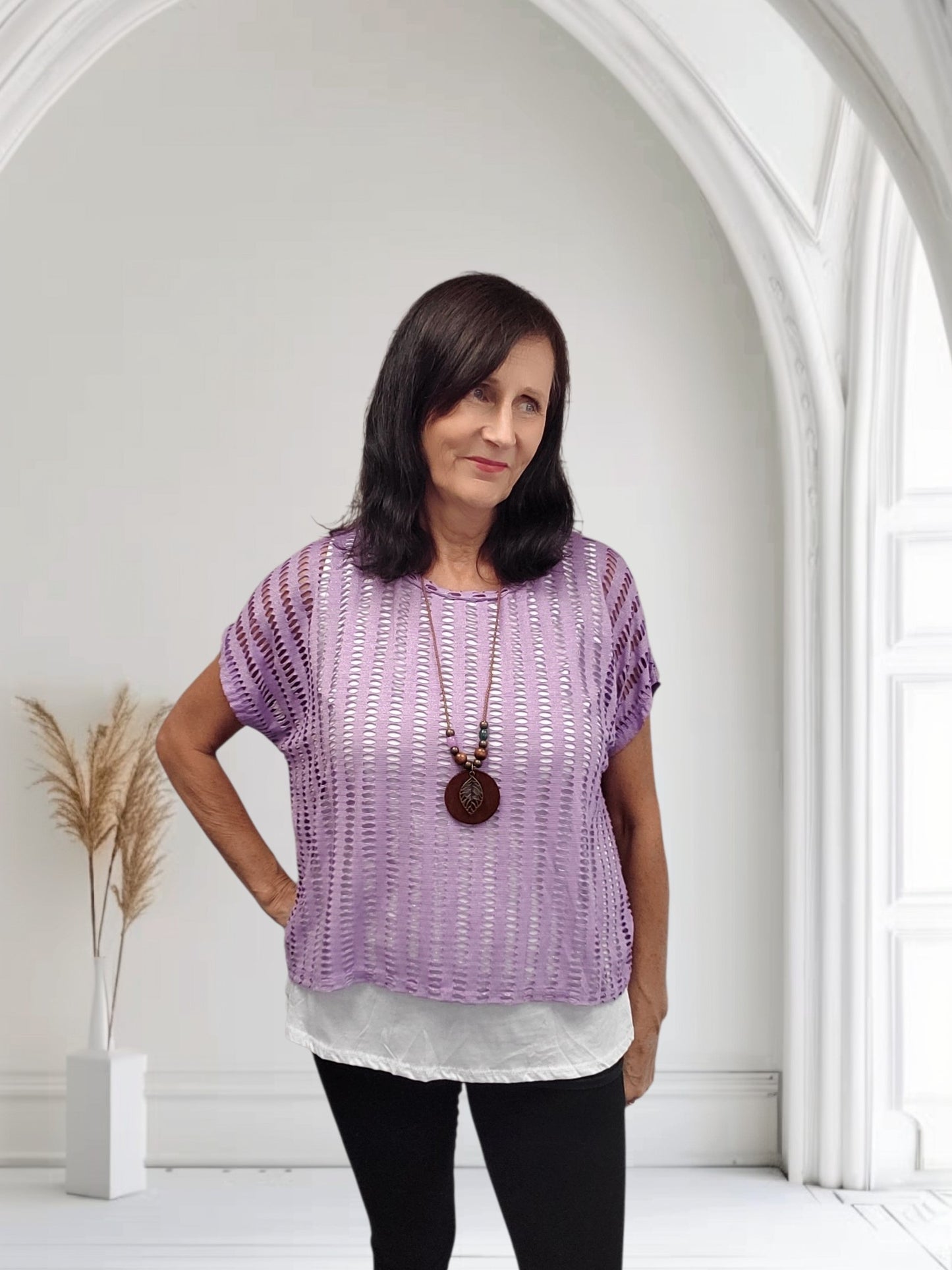 Ladies Open Knit Top with Vest & Necklace | 3 Colours -Ella
