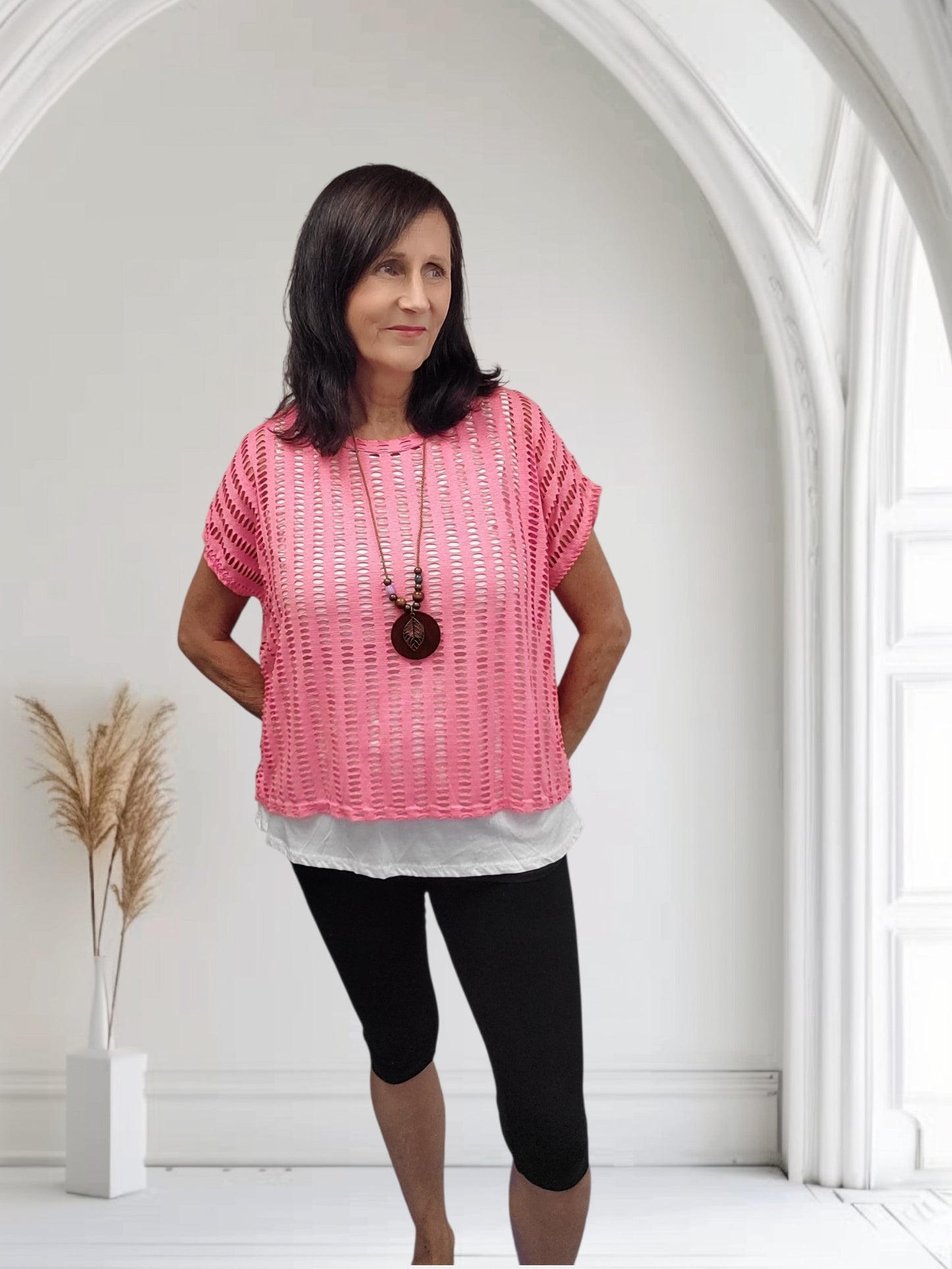 Ladies Open Knit Top with Vest & Necklace | 3 Colours -Ella