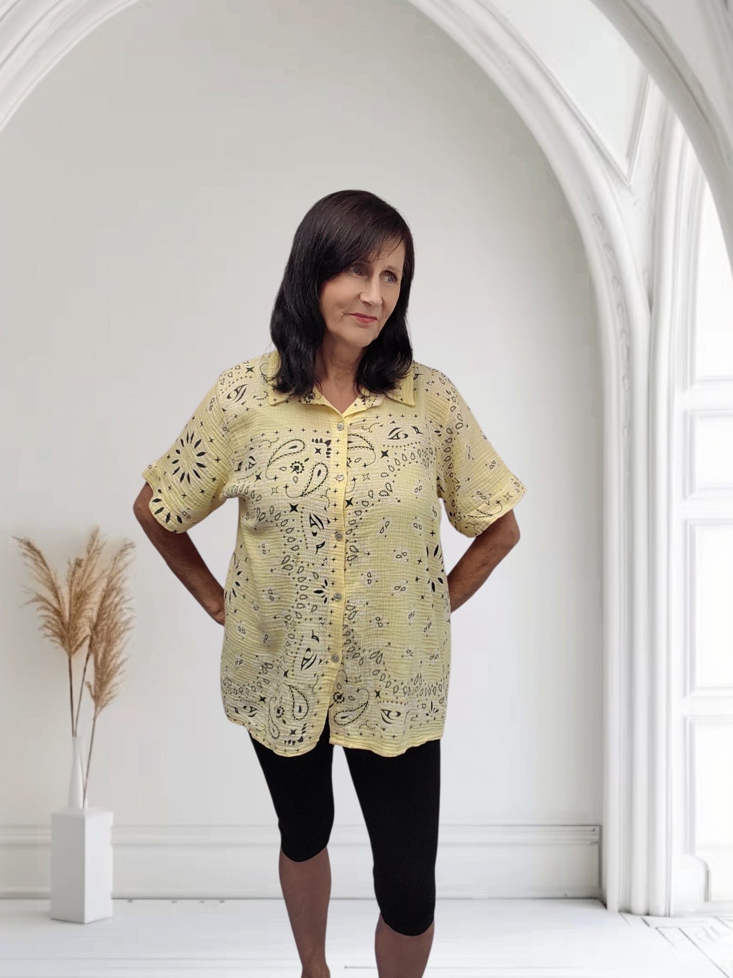 Paisley Print Button-Up Blouse – Short Sleeve | One Size Fits UK 12–18-Liv
