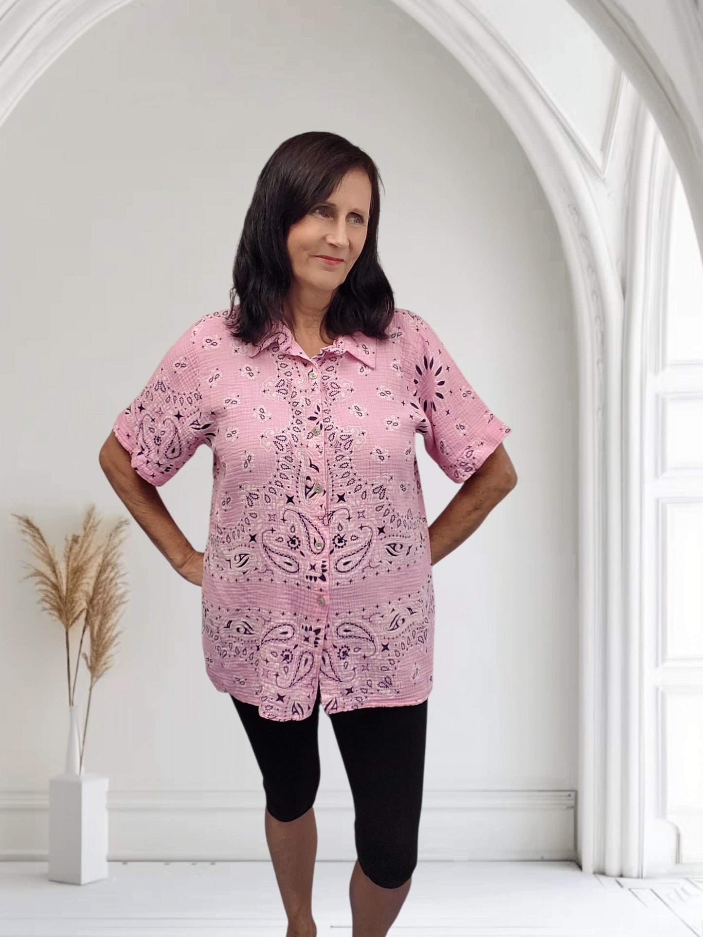 Paisley Print Button-Up Blouse – Short Sleeve | One Size Fits UK 12–18-Liv