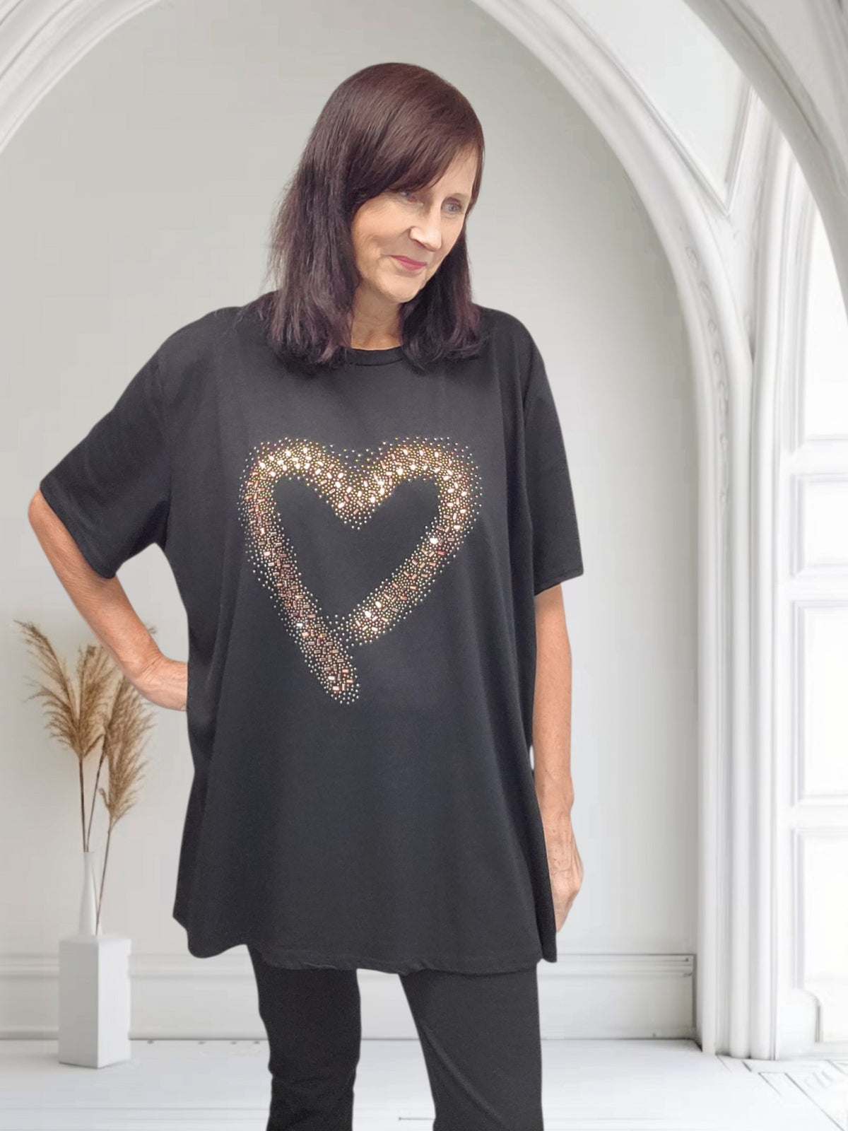 Ladies Diamante Heart Print Top-Sara