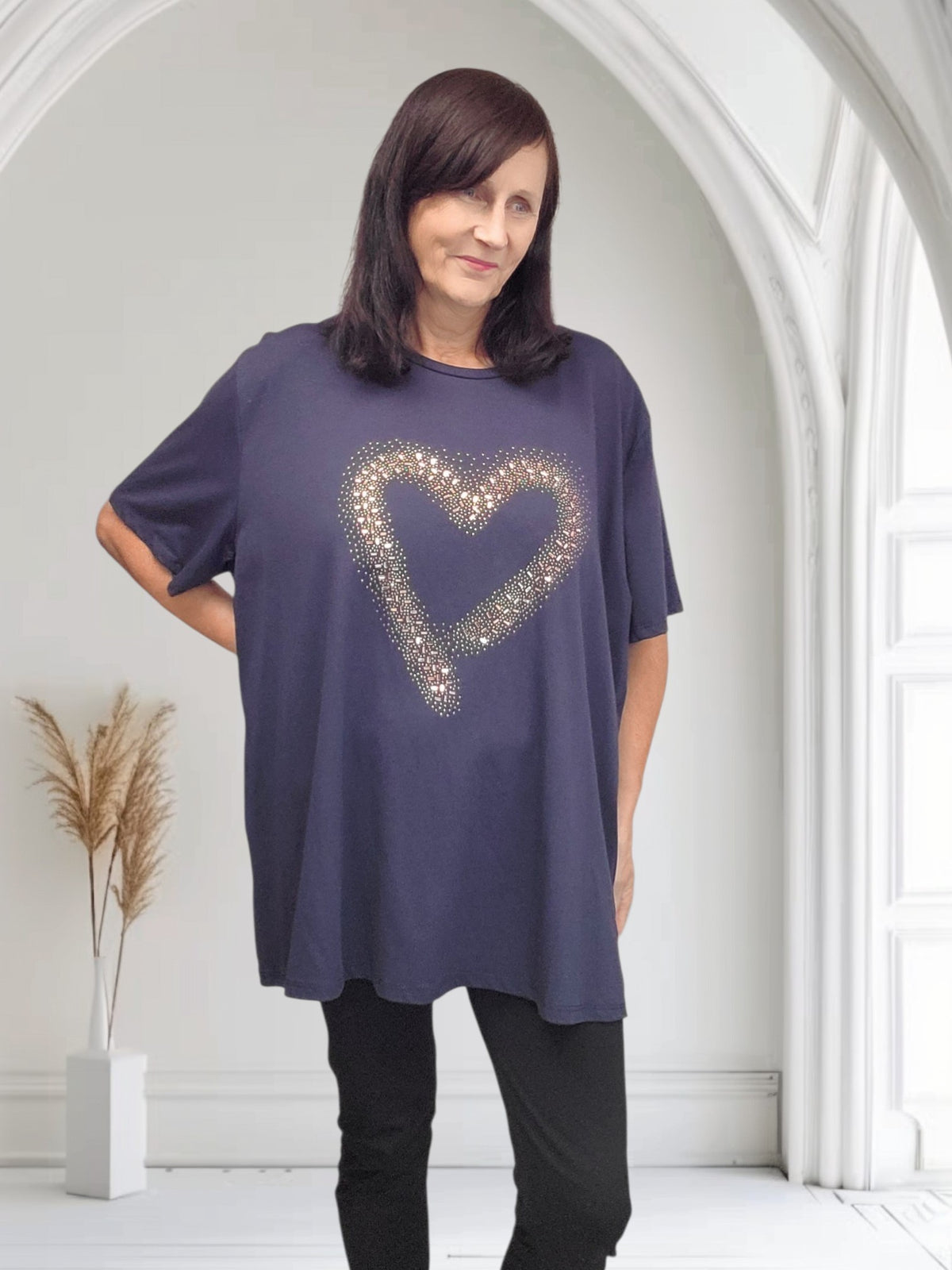 Ladies Diamante Heart Print Top-Sara