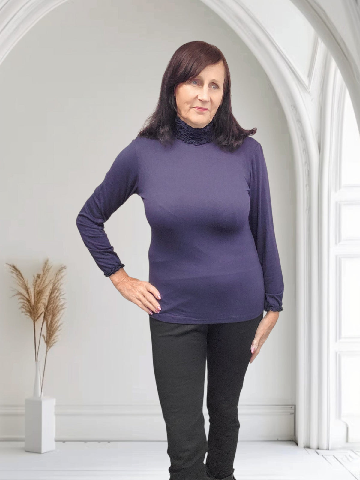 Ladies Ruffle Neck Long Sleeve Top – 4 Colours-Libby