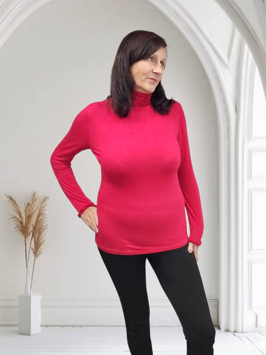 Ladies Ruffle Neck Long Sleeve Top – 4 Colours-Libby
