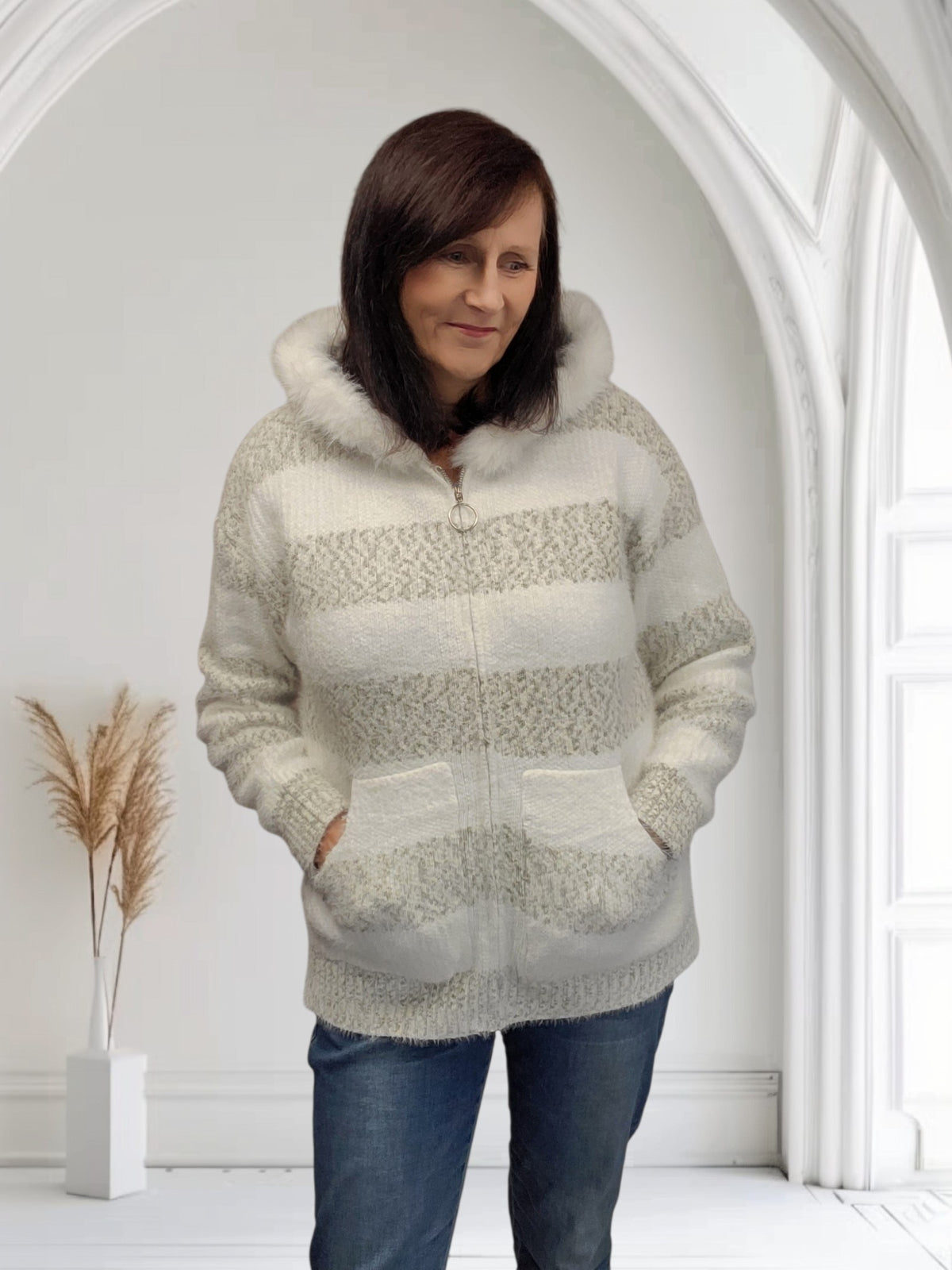Ladies Striped Knitted Cardigan with Faux Fur Hood