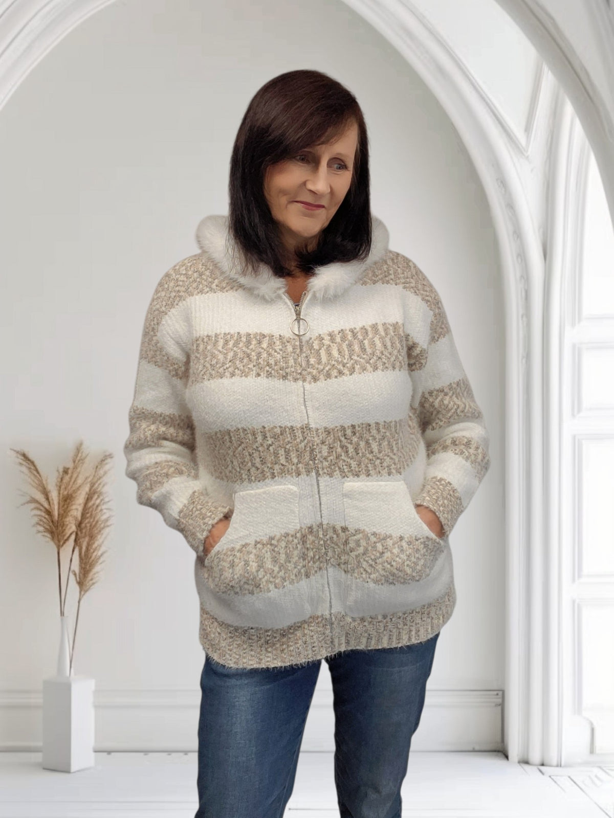 Ladies Striped Knitted Cardigan with Faux Fur Hood