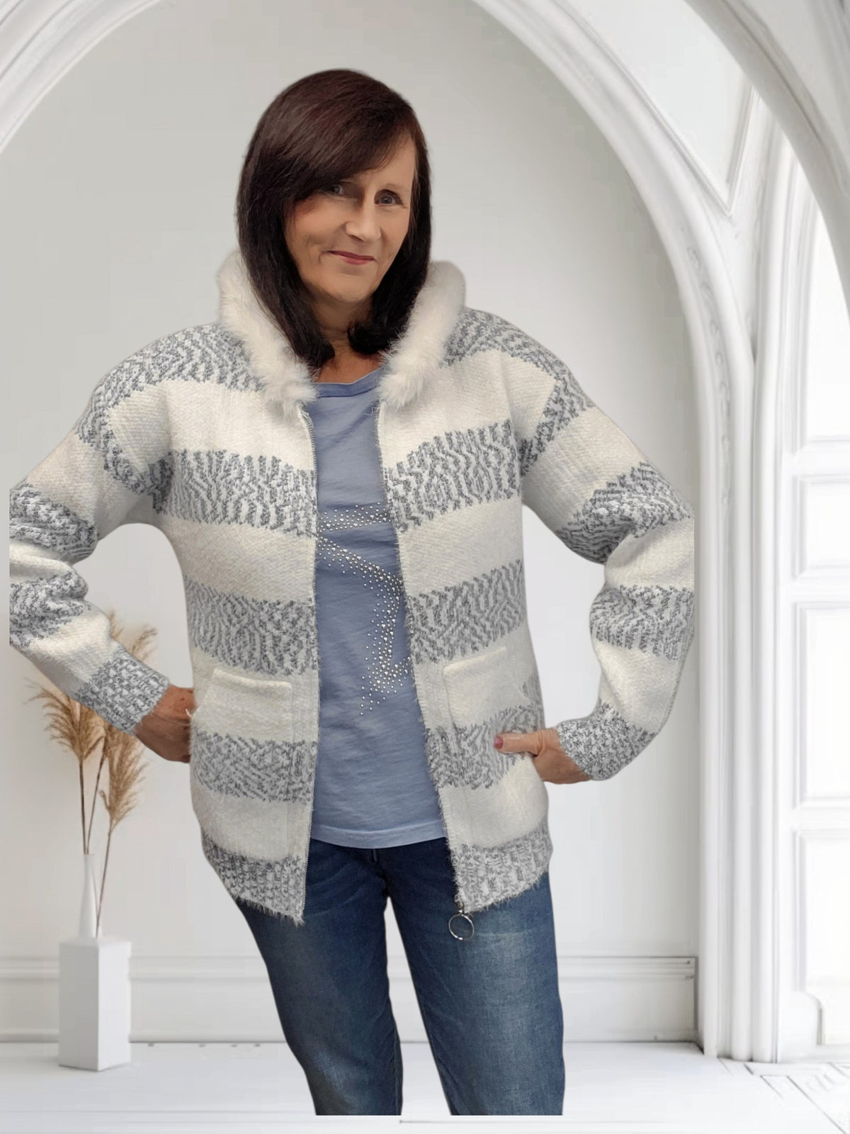 Ladies Striped Knitted Cardigan with Faux Fur Hood