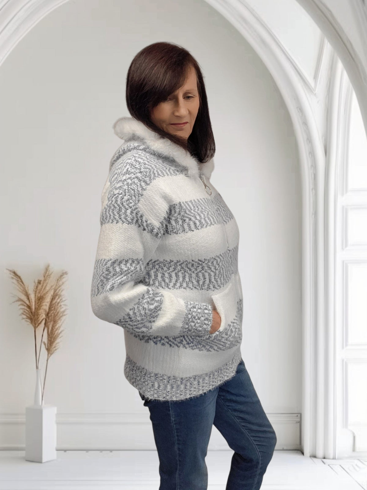 Ladies Striped Knitted Cardigan with Faux Fur Hood