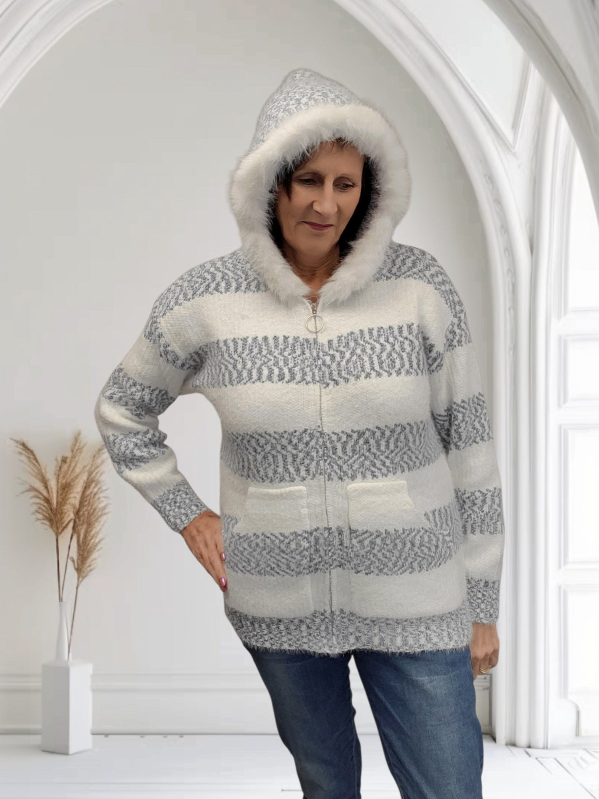 Ladies Striped Knitted Cardigan with Faux Fur Hood