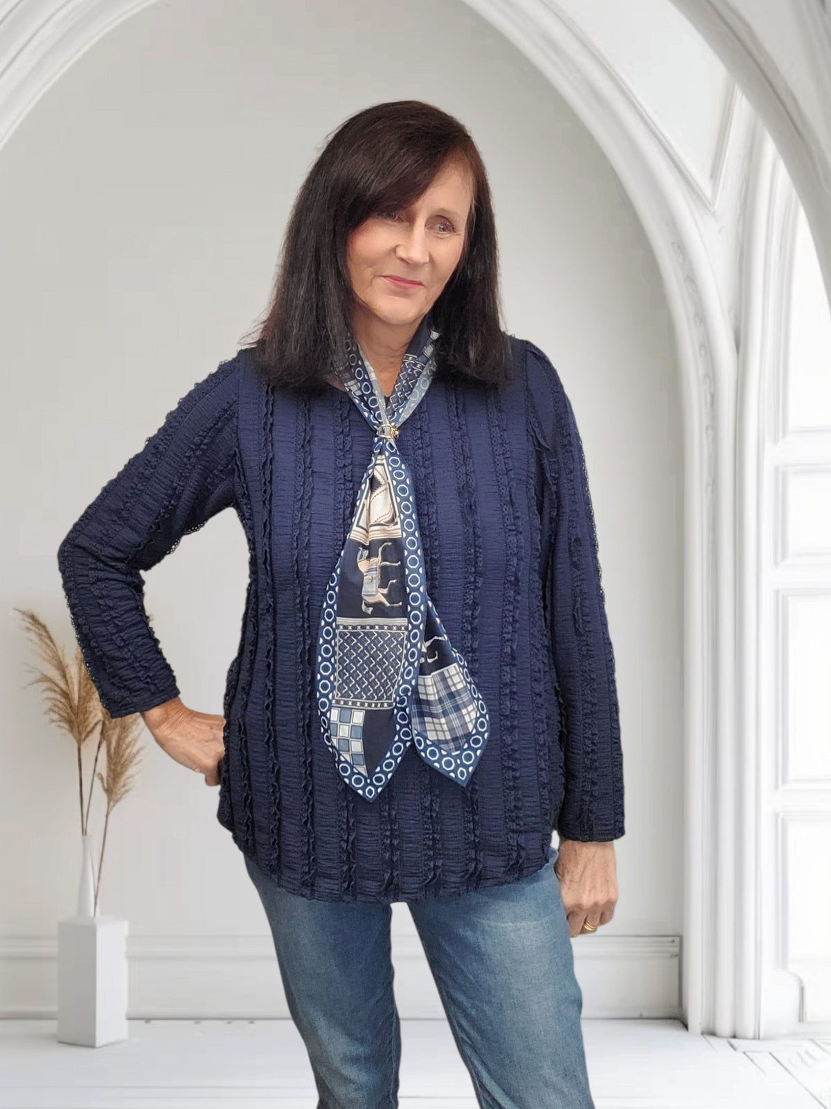 Women's Textured Long Sleeve Top with Matching Neck Scarf- Sarah