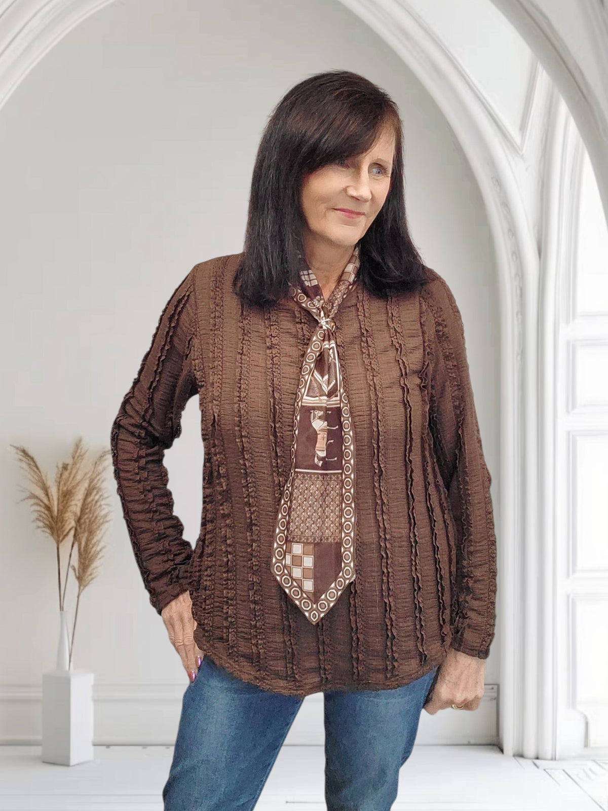 Women's Textured Long Sleeve Top with Matching Neck Scarf- Sarah