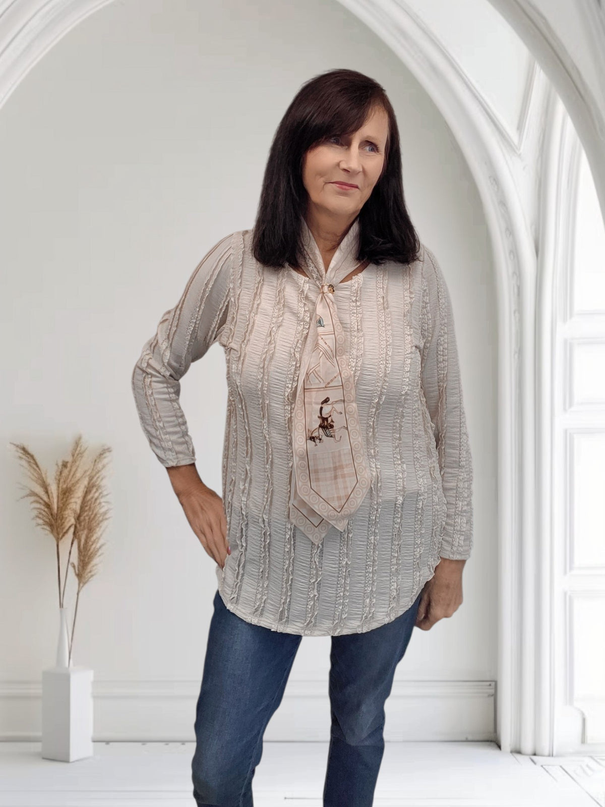 Women's Textured Long Sleeve Top with Matching Neck Scarf- Sarah