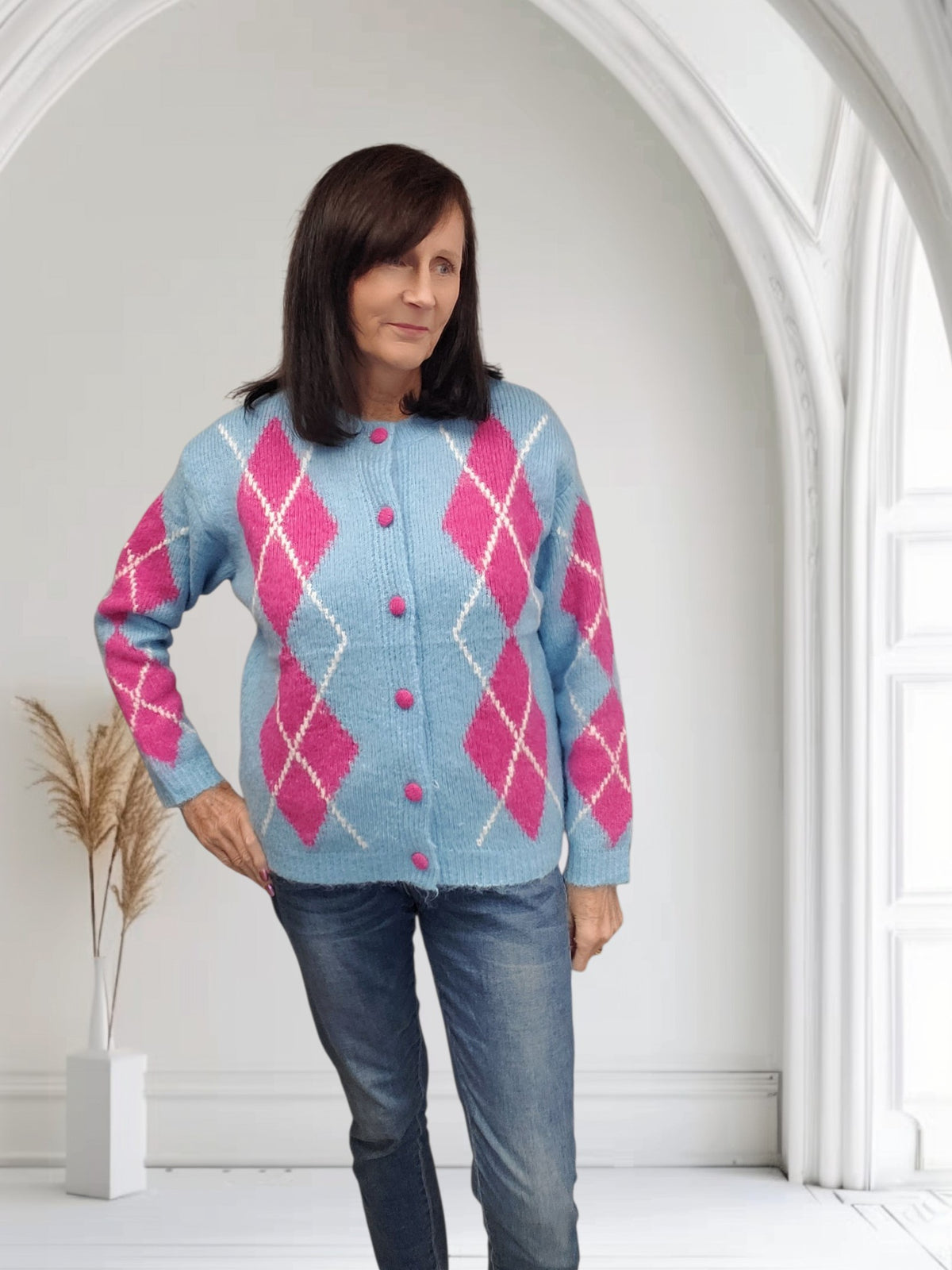 Women's Argyle Diamond Knit Button-Up Cardigan