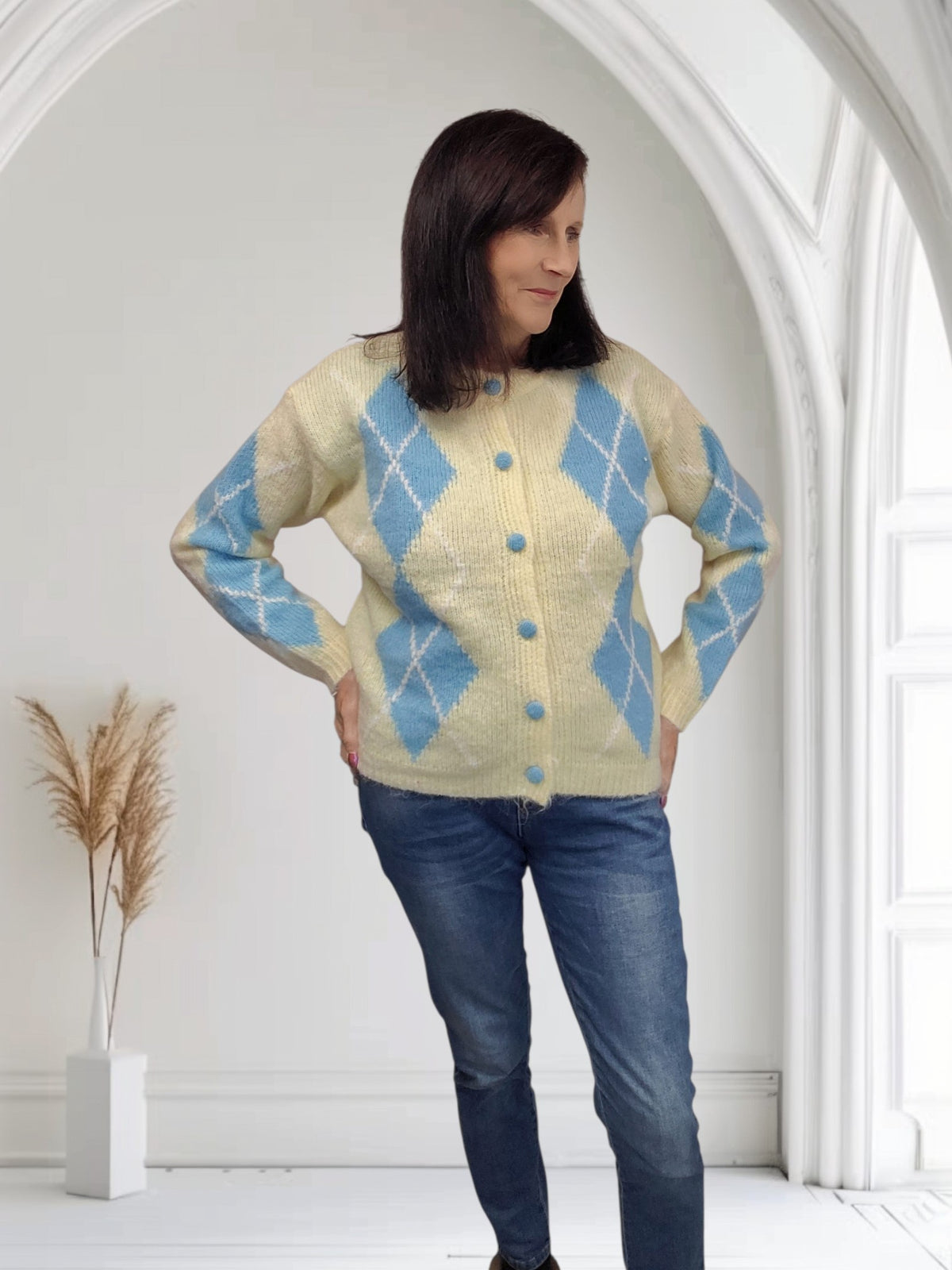 Women's Argyle Diamond Knit Button-Up Cardigan