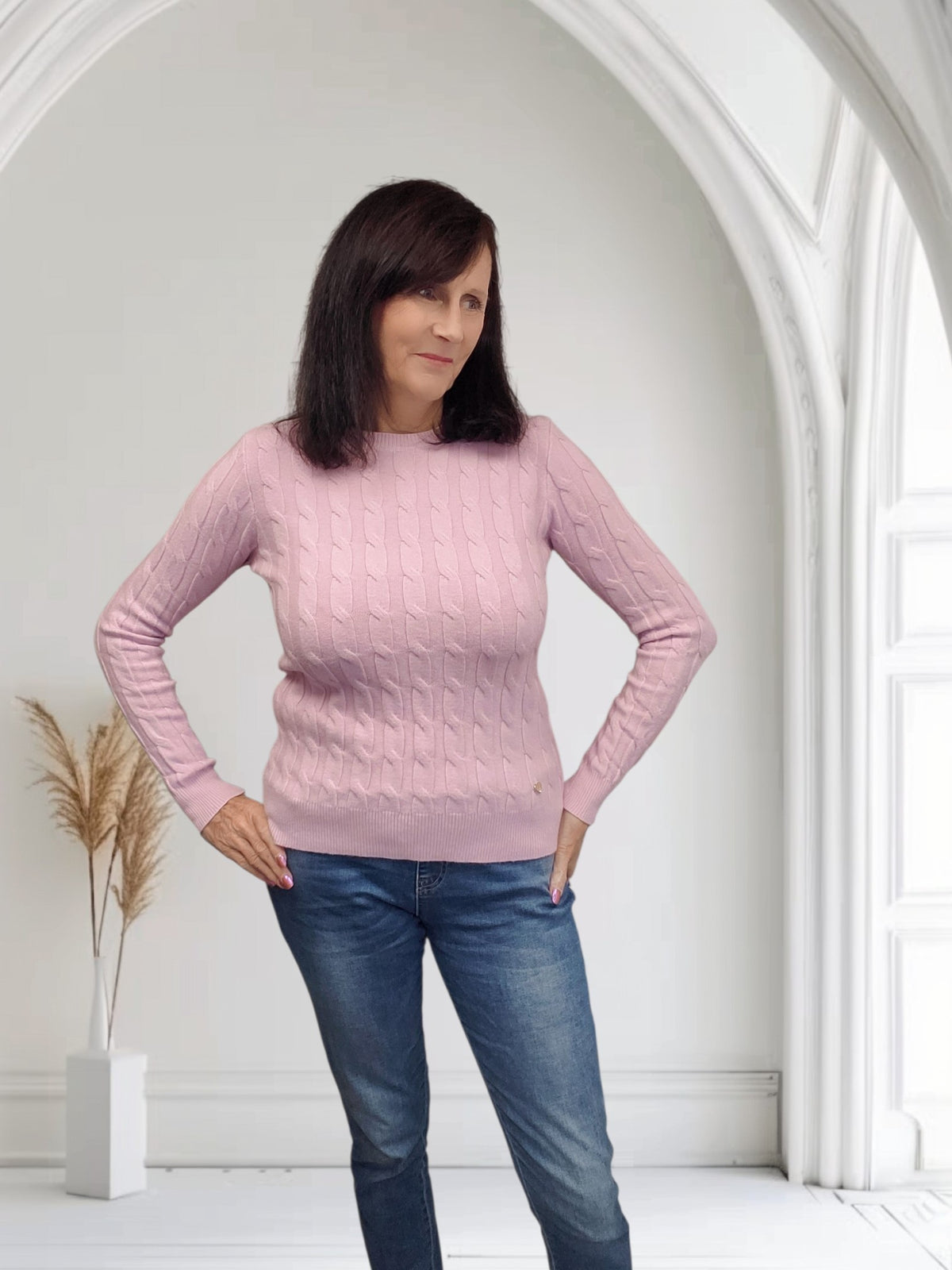 Ladies Cable Knit Round Neck Soft Knit Sweater-Kaza