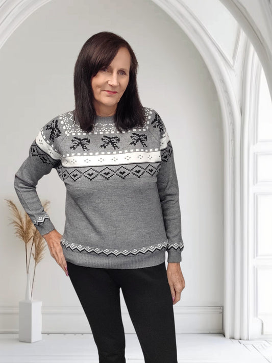 Ladies Bow Print Round  Neck Jumper-Becs