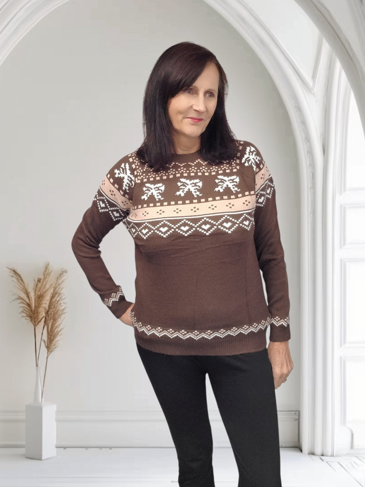 Ladies Bow Print Round  Neck Jumper-Becs